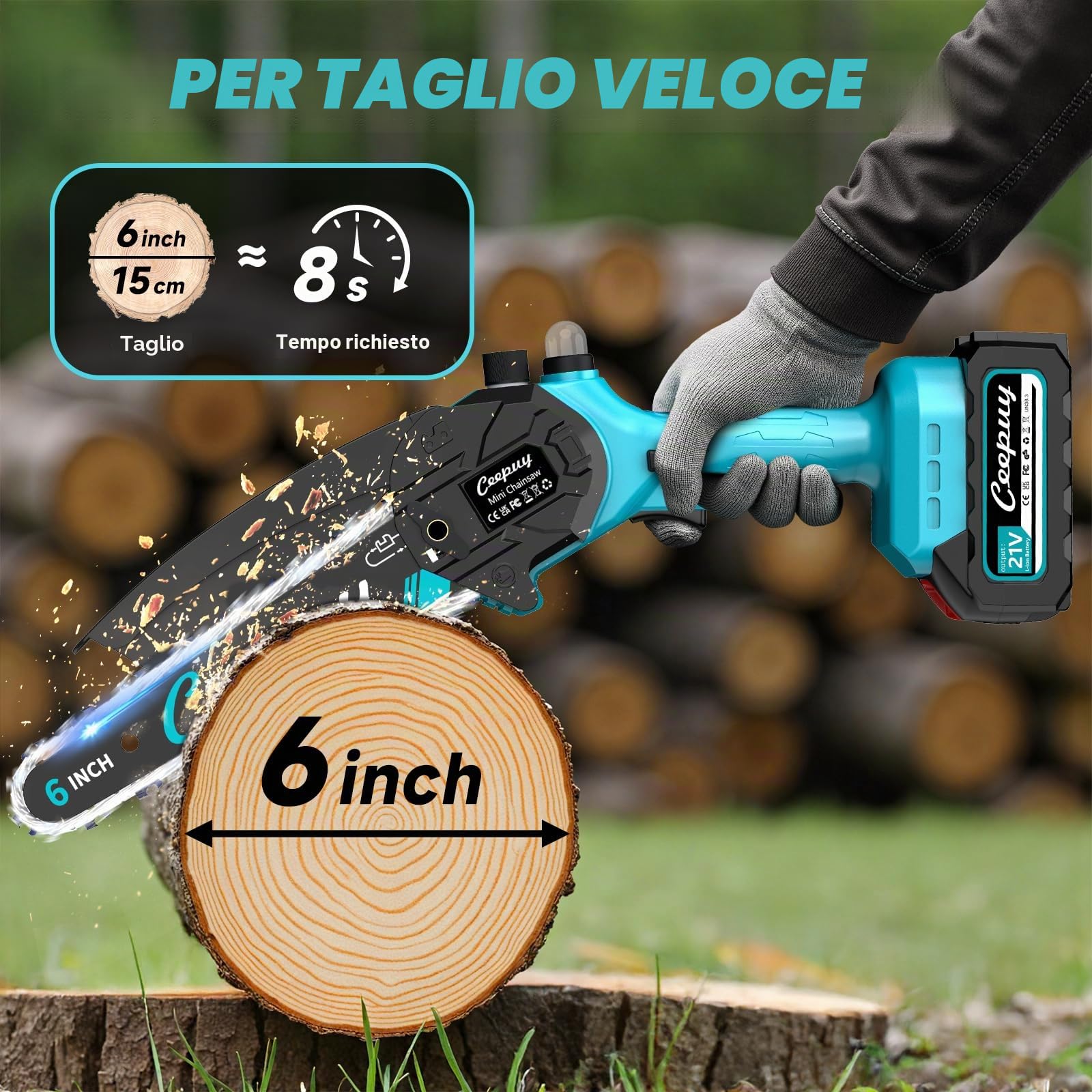 CEEPUY Mini motosega a batteria 2x4000 mAh, 6 pollici motosega elettrica senza fili con iniettore di olio e catena di ricambio, adatta per potatura di alberi da giardino (880W)