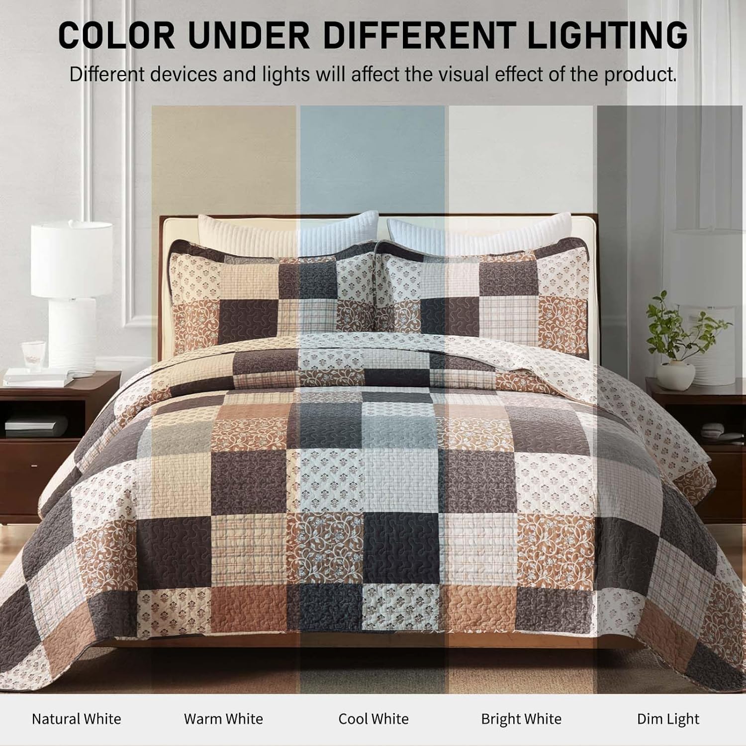 KALOOLA Plaid Quilt King Size - 100% Cotton Lightweight Quilted Bedding Set 3 Pcs, Farmhouse Botanical Bedspread with 2 Pillow Shams, Reversible Bed Coverlet for All Season, Brown/Charcoal/Gray - Image 7