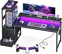 AODK 59 Inch Reversible Gaming Desk with RGB LED, USB Ports, Monitor Stand & Fabric Drawers - Carbon Fiber Black