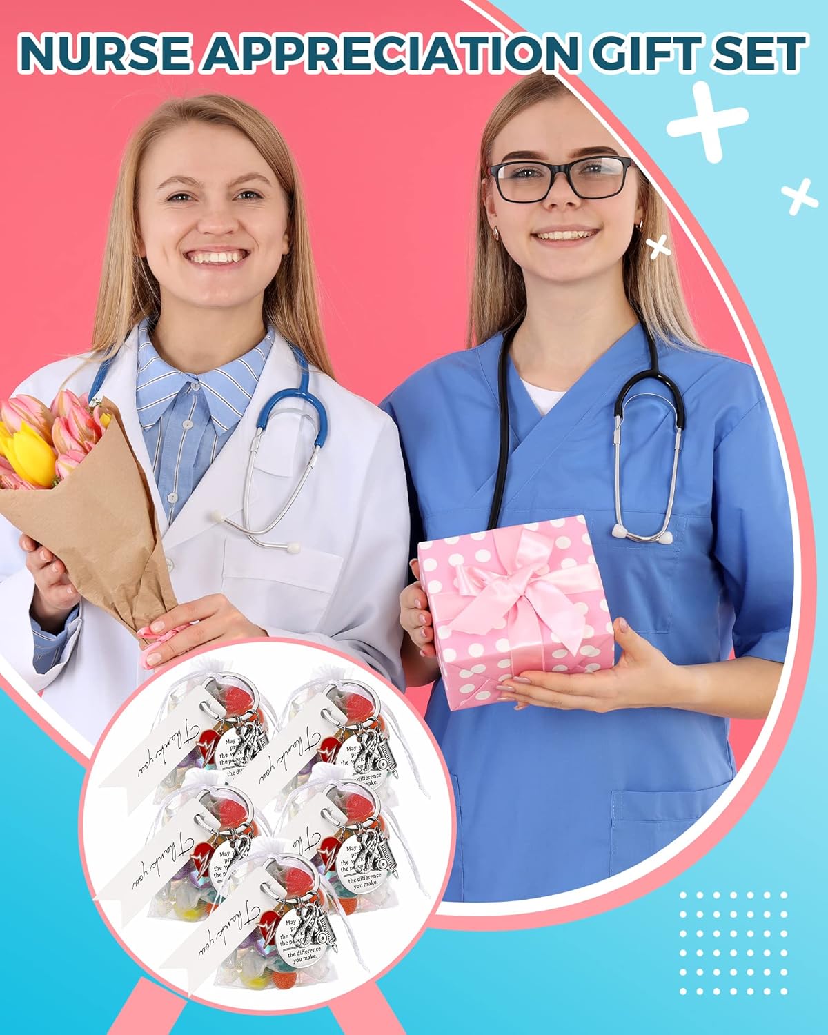 Sureio 72 Pcs Nurse Appreciation Gifts Include 24 Nurse Keychain 24 Organza Bag and 24 Tag Thank You Gifts for Nurse Day - Image 3