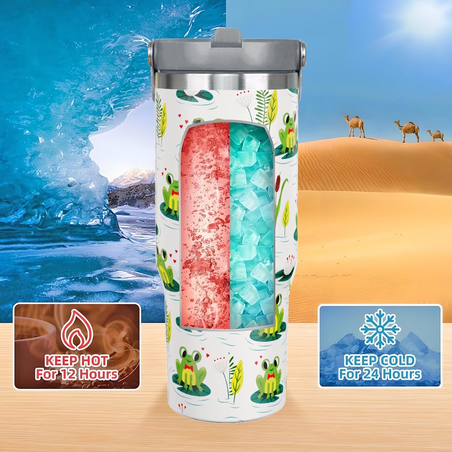 30oz Frog Flip Straw Tumbler, Insulated Coffee Travel Mug with Handle and Straw, 30oz Frog Water Bottle Gifts for Women and Girls - Image 4