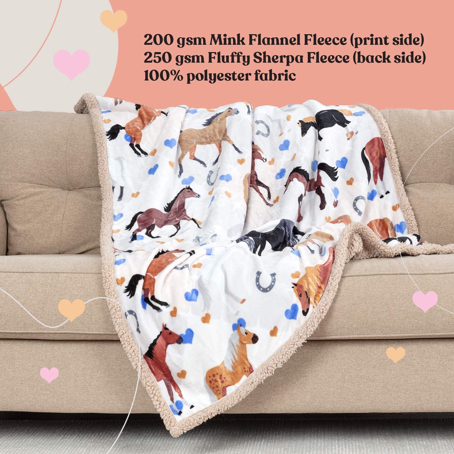 Kocyk z motywem konia dla dziewcząt – idealny prezent dla dziewczynek, miękki i przytulny, o wymiarach 130x 150 cm, uwielbiany przez dzieci i wnuczki, prezenty jeździeckie i prezenty dla kobiet