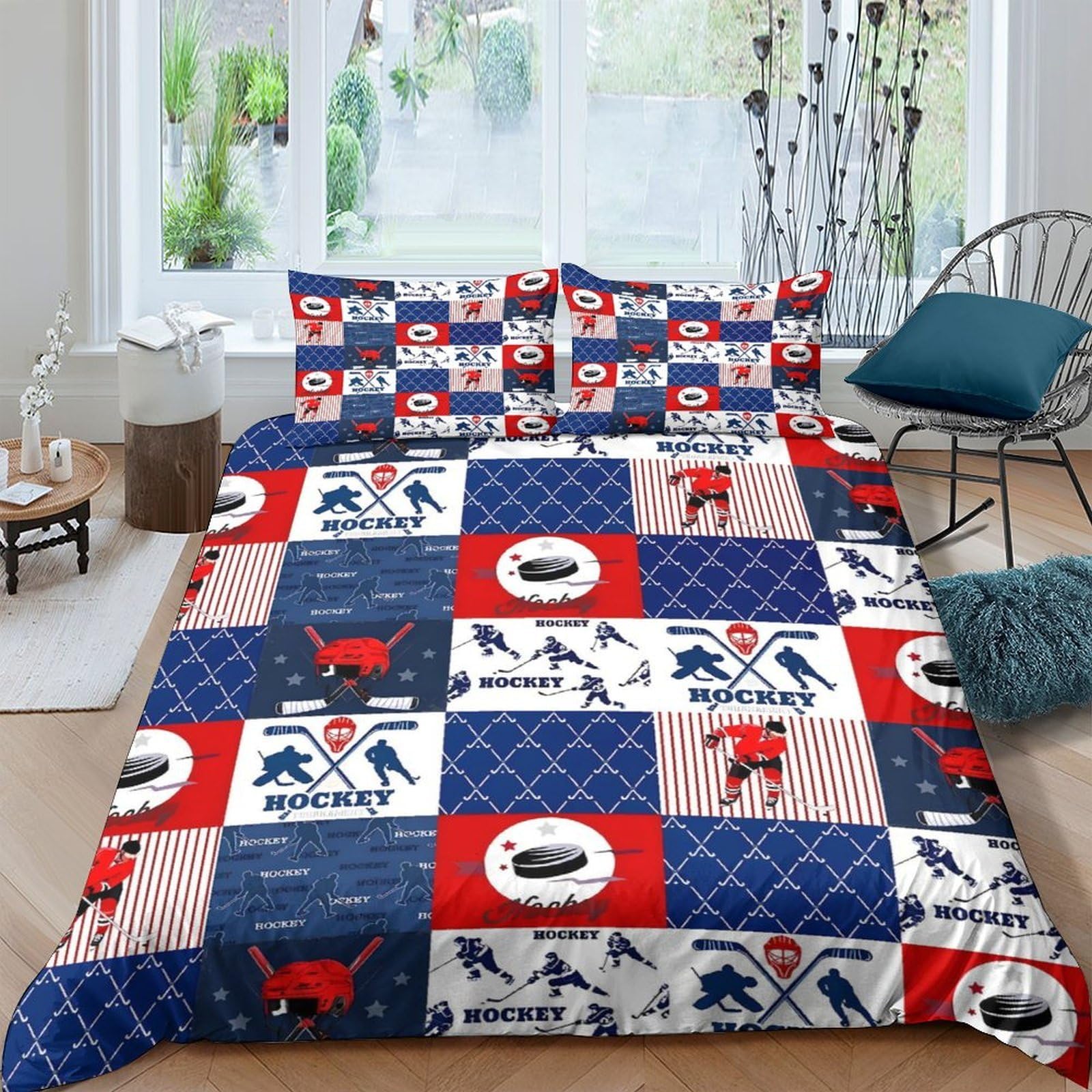 Ctjqhvkz Style-5 3D Printed Hockey Patchwork Fitted Sheet Microfiber Red Blue Elk Pattern Mattress Cover Bedroom Decor Single（135X200cm）