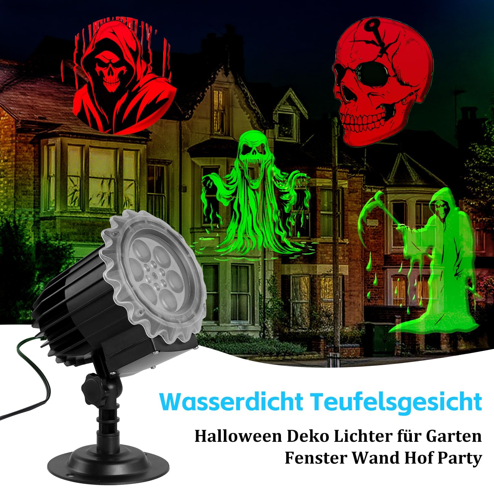Halloween Deko Outdoor,Dynamische Projektor,Projektor Lichter IP65 Wasserdicht,Teufelsgesicht Halloween Deko Lichter für Garten Fenster Wand Hof Party,Projektorslichter Gartenbeleuchtung