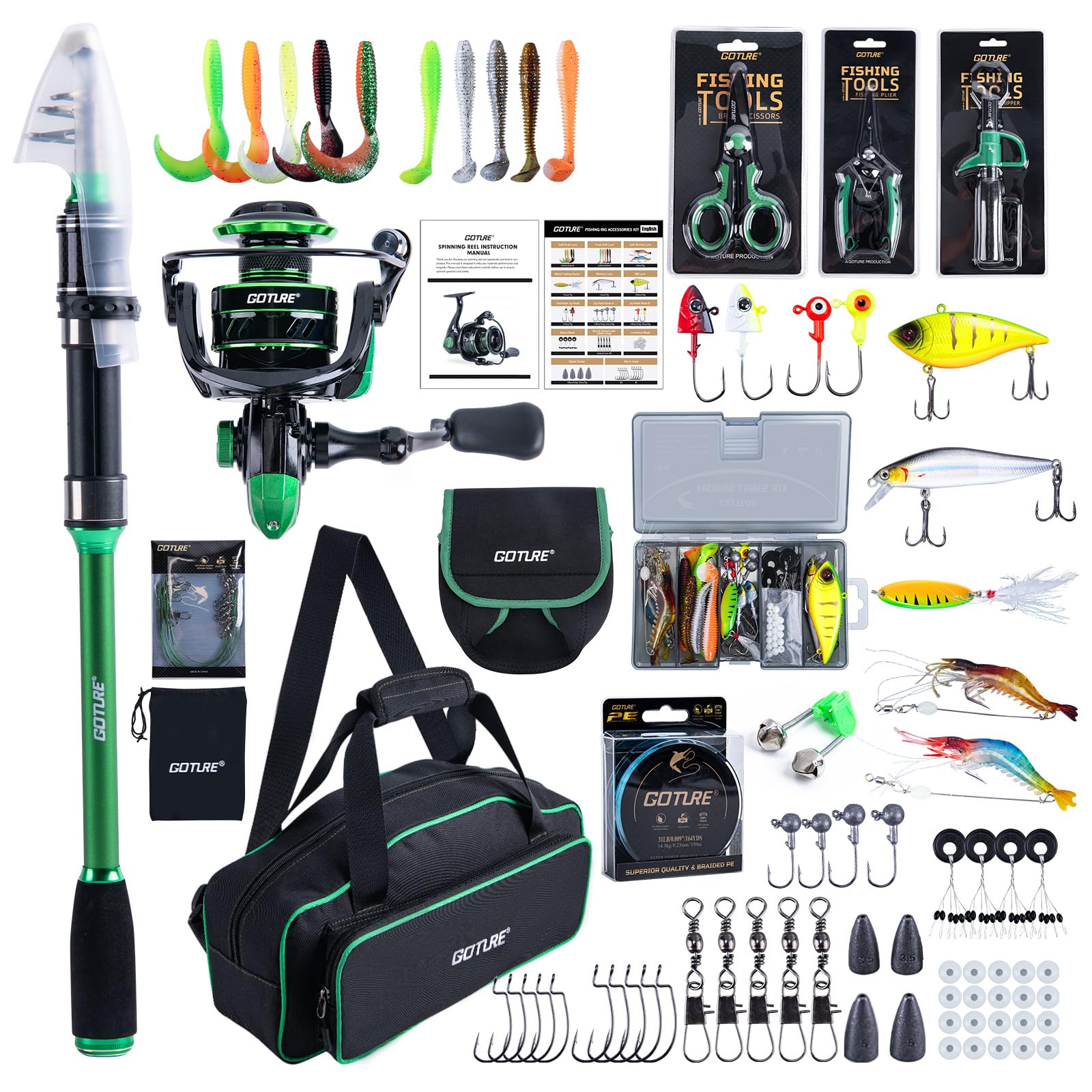 Goture Fishing Rod and Reel Combos with 900D Tackle Bag, Green Telescopic Pole B Spinning Reel Lures Set, Telescopic Fishing Rod Fishing Kit for Travel Saltwater Freshwater 2.4M