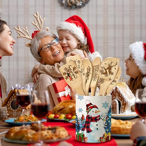Miniatura 3 de Soporte de cerámica para utensilios de decoración de Navidad con 6 cucharas de bambú de Navidad, herramientas de cocina de muñeco de nieve azul,