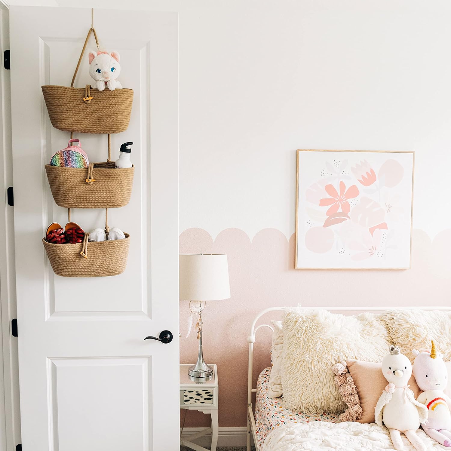 OrganiHaus Over the Door Hanging Basket for Organizing, 3-Tier Hanging Wall Basket for Storage, Boho Nursery Decor for Wall, Behind Door Wall Storage, Wall Organizer for Office, Wall Toy Storage Honey