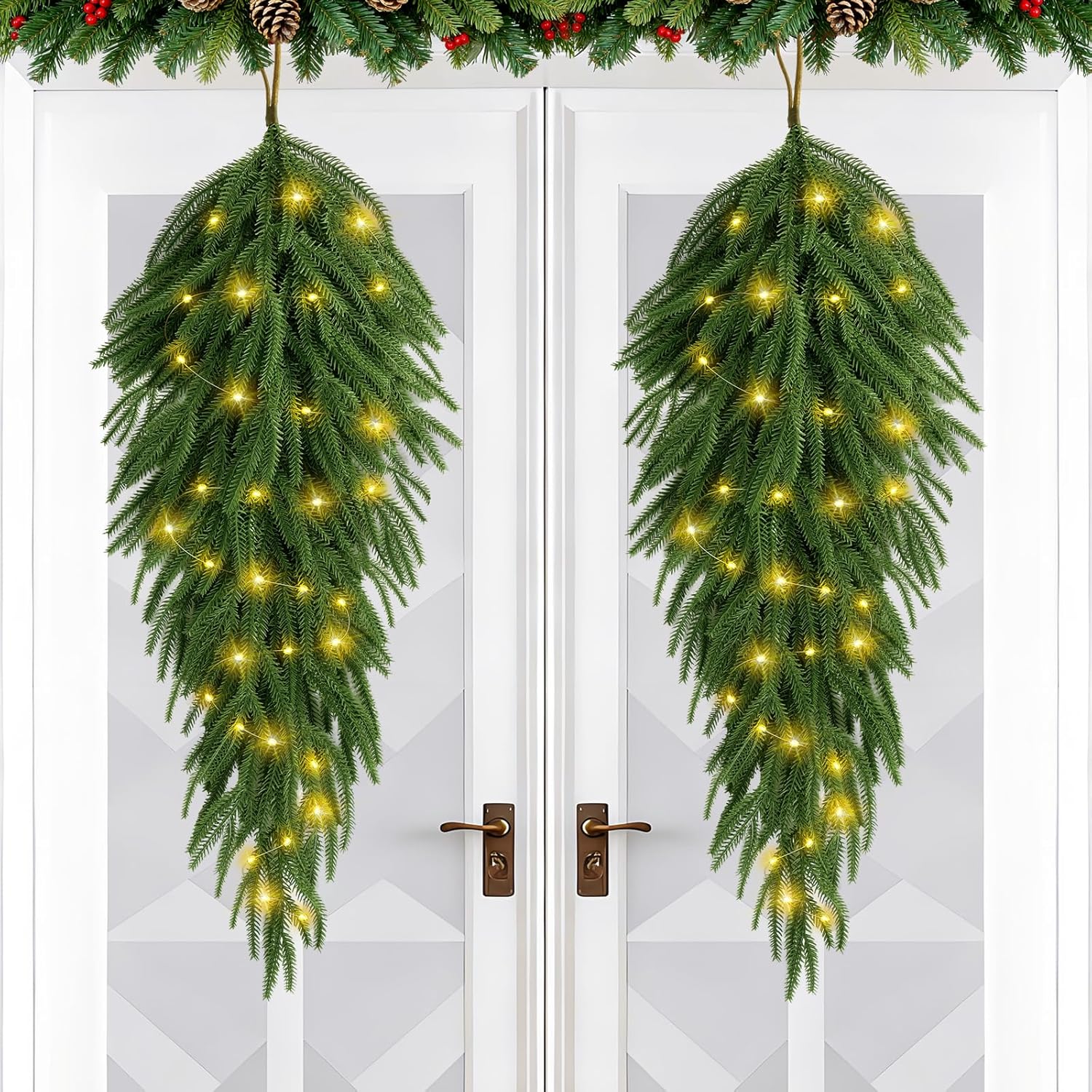 2 Pack 36" Lighted Christmas Teardrop Swag, Faux Pine Cedar Greenery Teardrop Wreath with Warm White String Lights, Xmas Door Wall Stair Fireplace Indoor Outdoor Holiday Decoration