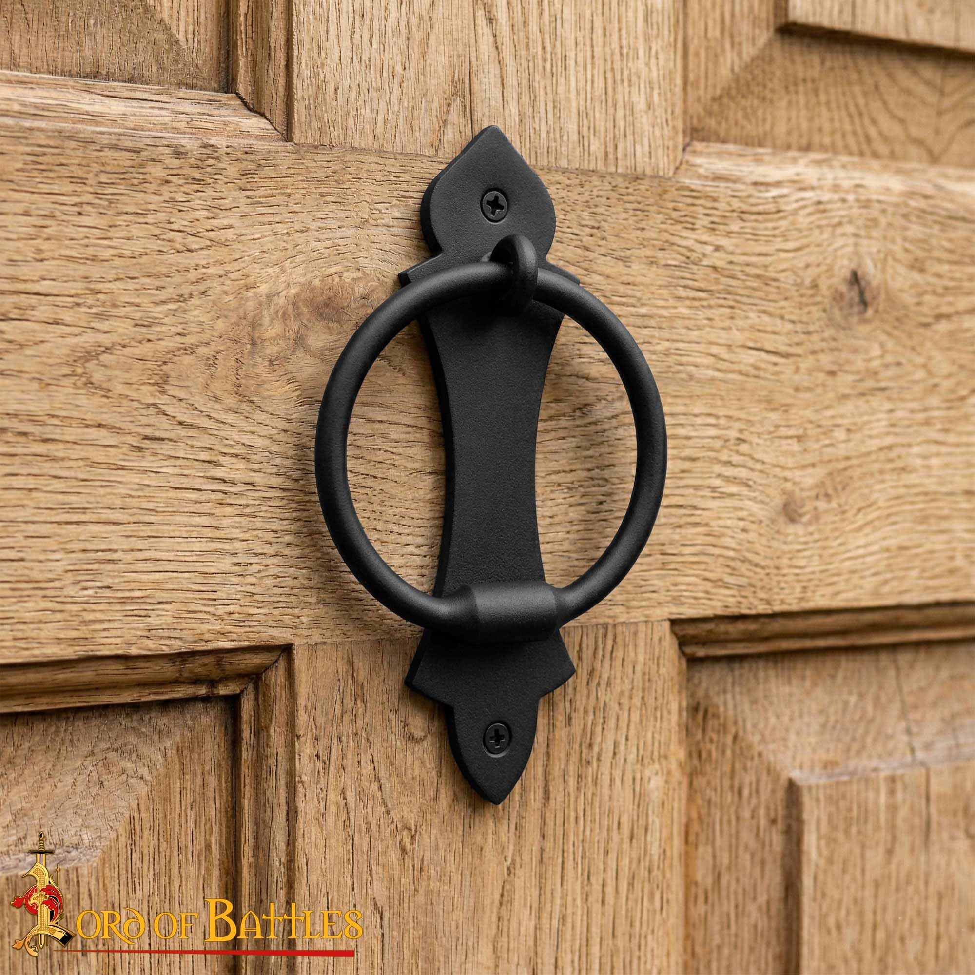 Lord of Battles Handgeschmiedeter Türklopfer aus Eisen, stabiler Ring-Türklopfer, perfekt für Vintage-Holz-Scheunentüren, Tore, Zaun, Schloss und Bauernhaus, mattschwarz, pulverbeschichtet