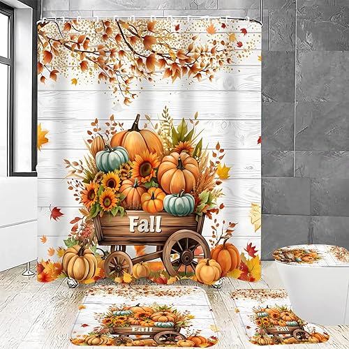 Miniatura 5 de DDQQ Juego de 4 cortinas de ducha para el día de Acción de Gracias, juego de baño con carrito de calabaza, cortina de ducha moderna con 12 ganchos,