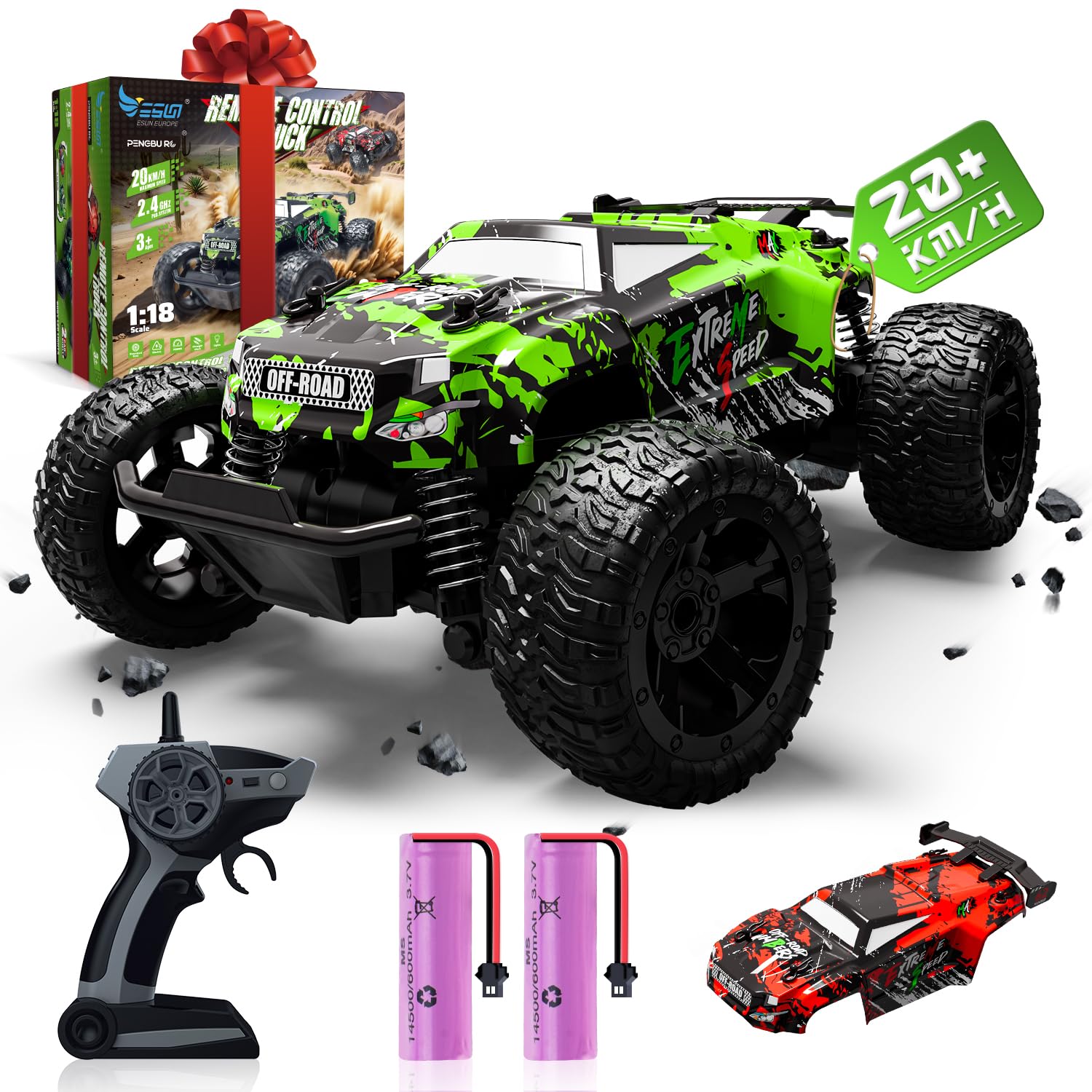 Monstertruck zdalnie sterowany, 1:18, samochód od 3 lat, 25 km/h, zdalnie sterowany monster truck ze światłem karoserii/dwie obudowy, 2,4 GHz Monster Truck zdalnie sterowany od 4, 6, 8 lat, dla dzieci