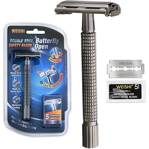 WEISHI Butterfly Open Double Edge Safety Razor for Men, Nostalgic Long Handle with 5 Stainless Razor Blades, Reusable Wet Shave Tool for Smooth, Close Shave