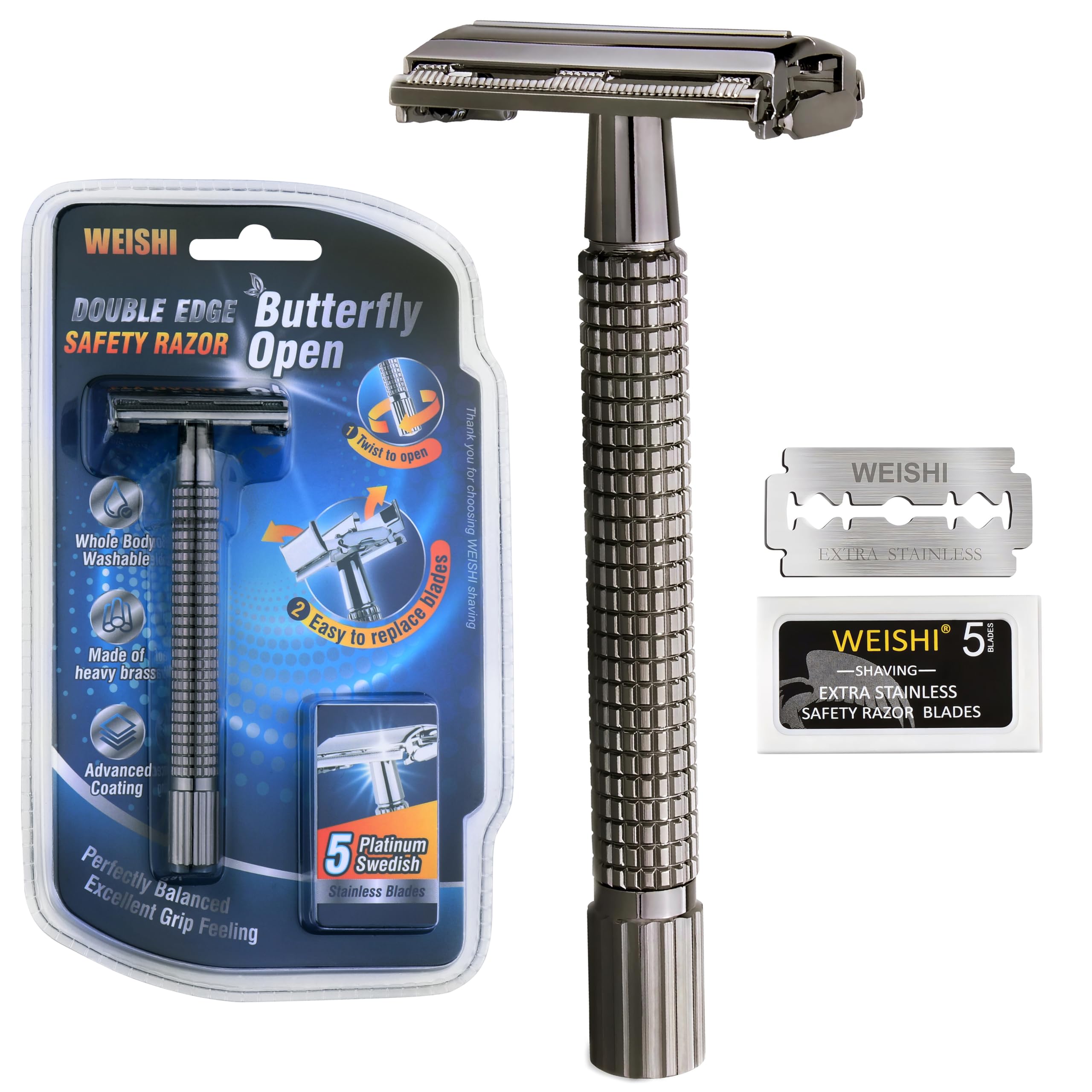 WEISHI Nostalgic Long Handle Butterfly Open Double Edge Safety Razor