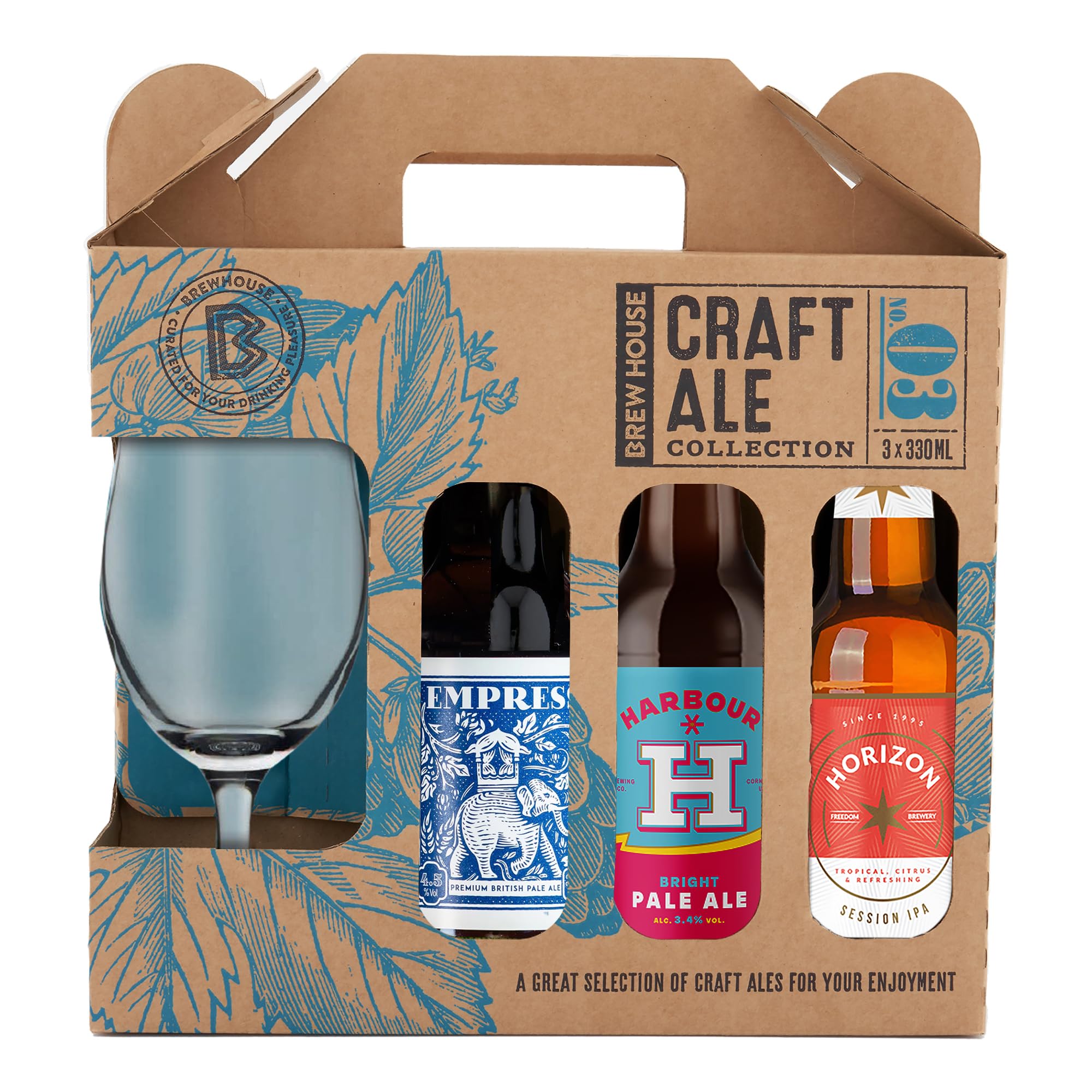 Brew House Craft Ale Collection. Including 3x 330ml bottles of Craft Ales with a Chalice Glass. Powder Monkey, Harbour Brewing, Freedom Brewing. Perfect for Christmas and Birthdays by Blue Tree Gifts