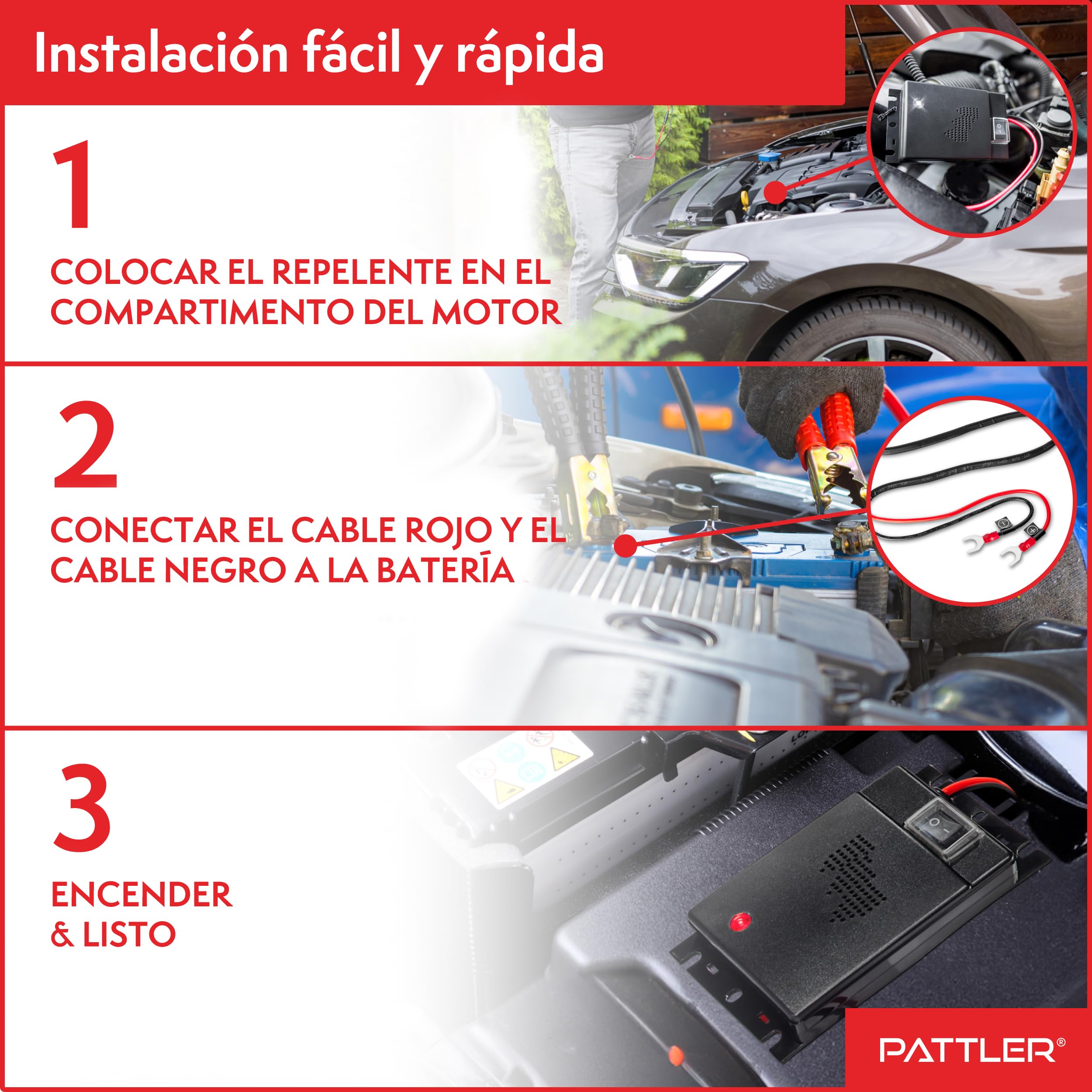 PATTLER Ahuyentador de Martas para Coche 12V con Ultrasonido, Protección para el Compartimento del Motor con Instalación Directa a la Batería del Vehículo – 1 Unidad