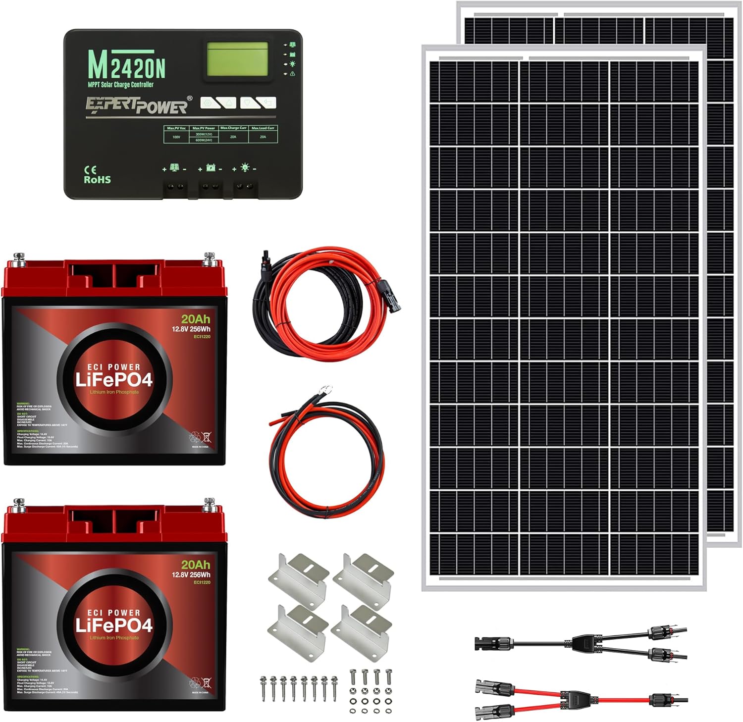 ECI Energy 200W 12V Photo voltaic Energy Equipment | 2 x 12V 20Ah LiFePO4 Lithium Batteries | 200W Mono Inflexible Photo voltaic Panels, 20A MPPT Photo voltaic Cost Controller | RV, Trailer, Camper, Marine, Off Grid, Photo voltaic Initiatives