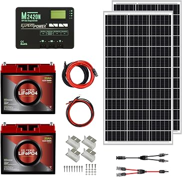200W 12V Solar Power Kit | 2 x 12V 20Ah LiFePO4 Lithium Batteries | 200W Mono Rigid Solar Panels, 20A MPPT Solar Charge Controller | RV, Trailer, Camper, Marine, Off Grid, Solar Projects
