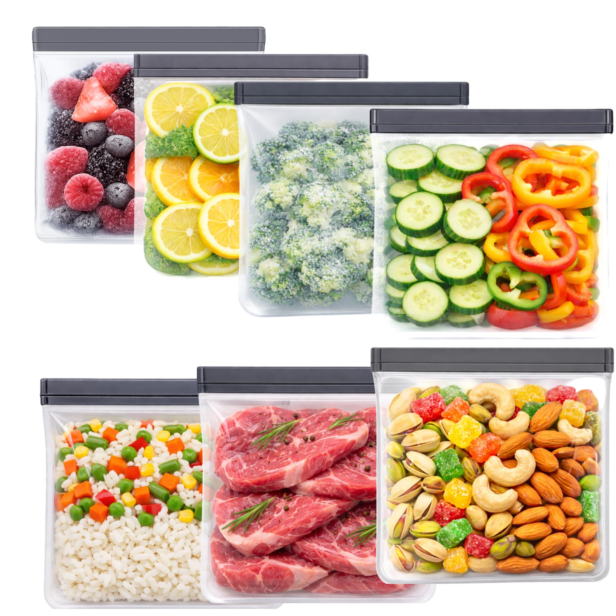 Ifumor Transparent 7 Pack Sandwich Size Reusable Storage Bags Dishwasher Safe - Bpa Free Reusable Sandwich Bags - Leakproof Gallon Freezer Bags, Silicone Food Storage Bags