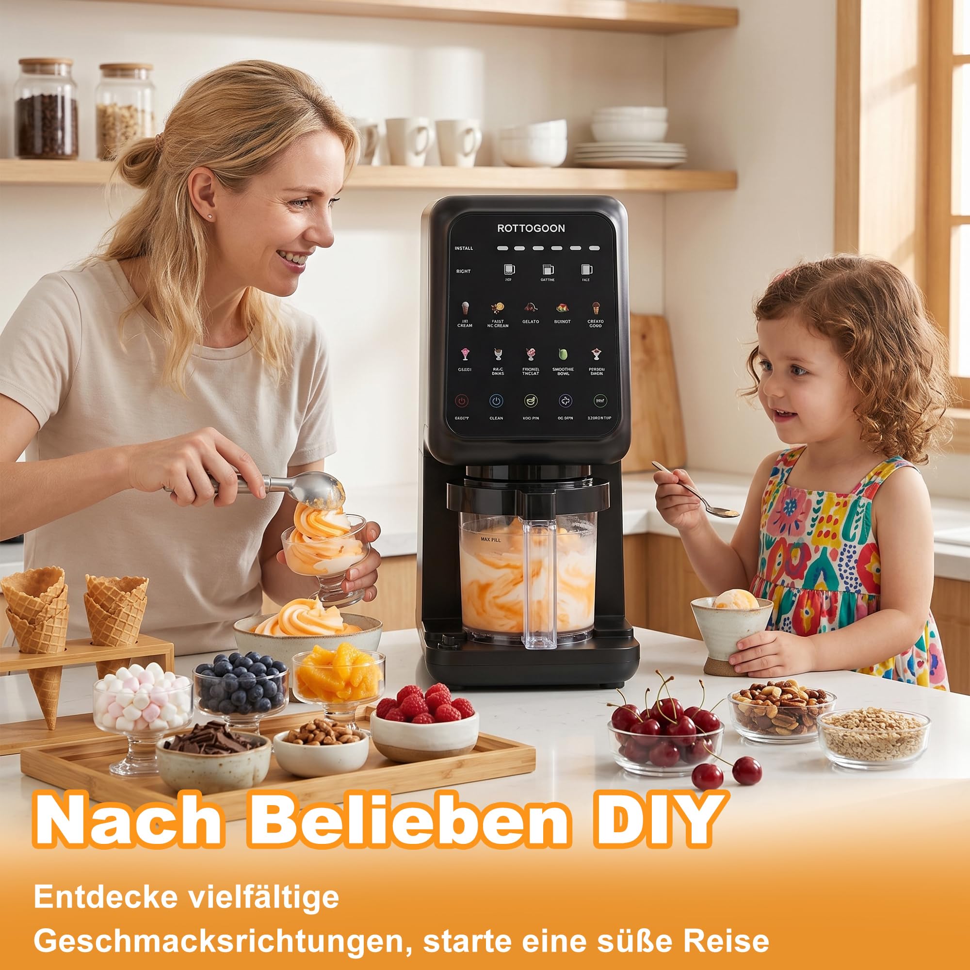 ROTTOGOON Eismaschine mit 3 Bechern 10 Programme für Eiscreme Sorbet Gelato & Frozen Yogurt 2-in-1 Geschmacksoption Softeismaschine für Zuhause mit Mix In Funktion & Automatisches Reinigungsprogramm