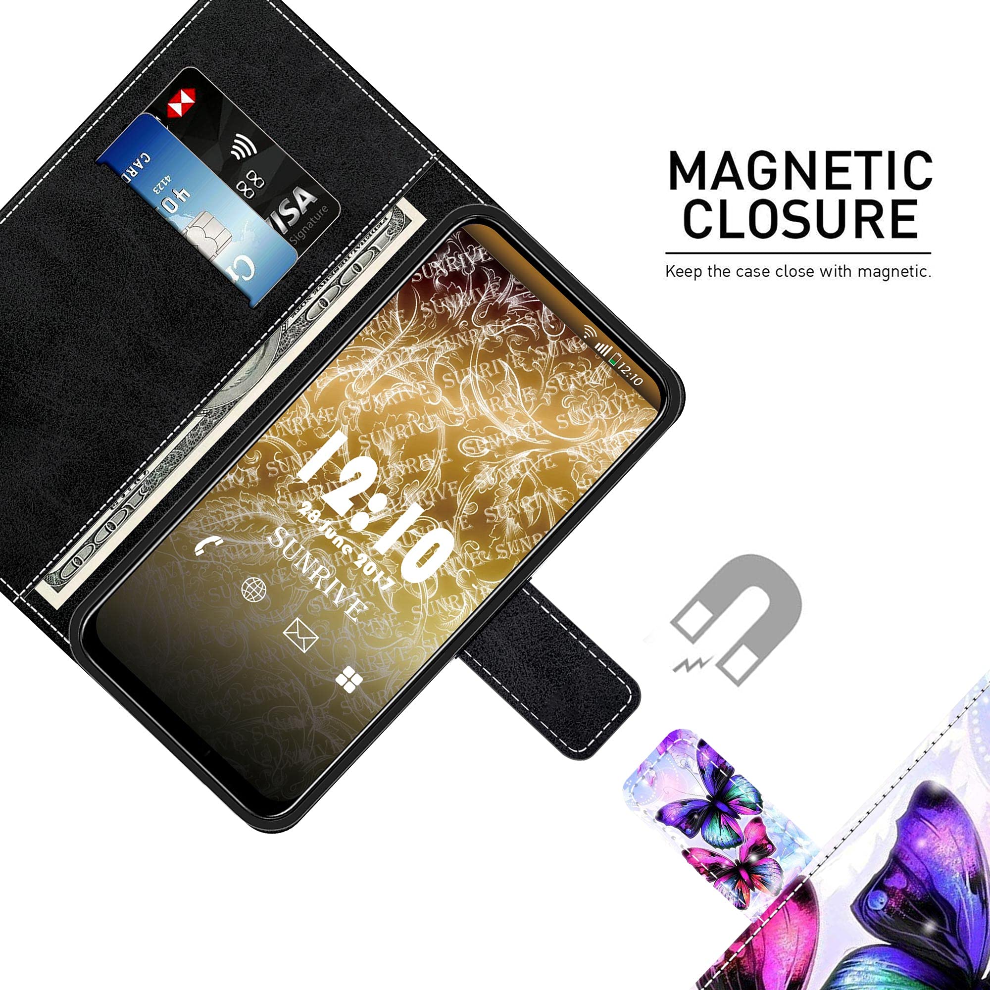 Sunrive Cover compatibile con Wiko Y82, Custodia con supporto di stand e in Pelle artificiale per carte di credito Portafoglio Flip Chiusura Magnetica bumper(Q farfalla