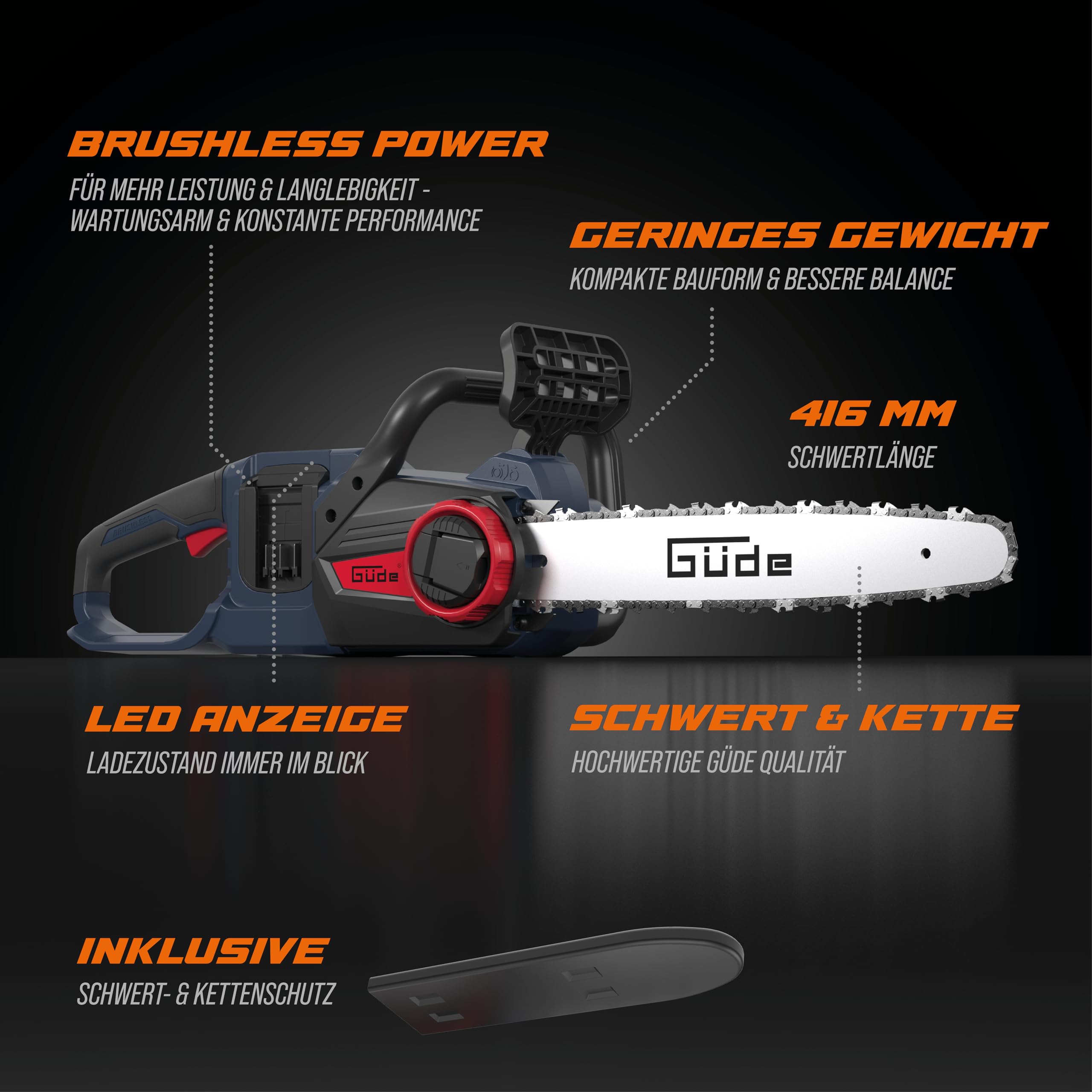 Güde KS 36.2-0 Tronçonneuse sans fil Li-Ion 36 V Moteur Brushless Longueur de coupe 35 cm Vitesse de chaîne max. 14 m/s Système de serrage rapide de la chaîne Lubrification sans batteries ni chargeur