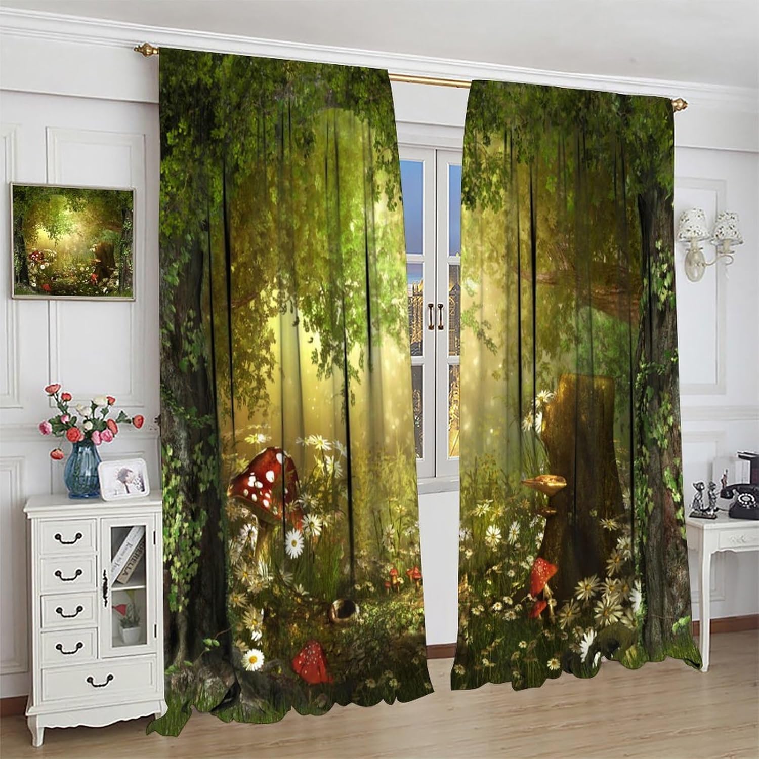 Fantasy Enchanted Forest Curtains Mushroom Magic Forest Green Plants Curtain with Rod Pocket for Bedroom Living Room Home Decor Drapes Window Treatments 2 Panels Set 42x45 Inch