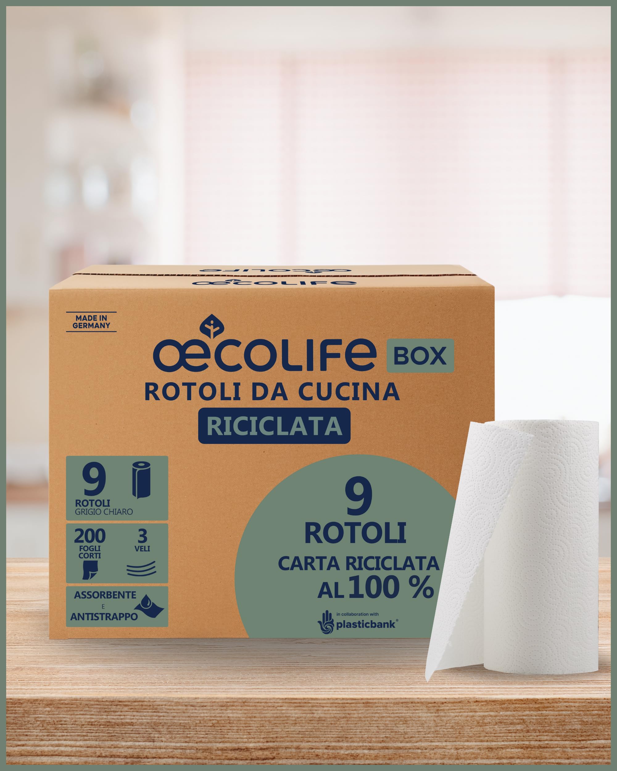 œcolife Asciugamani da cucina "Ricicling", 9 rotoli da 200 fogli, fogli corti, rotoli da cucina, senza plastica, sostenibili, rotoli per la casa, asciugamani multiuso