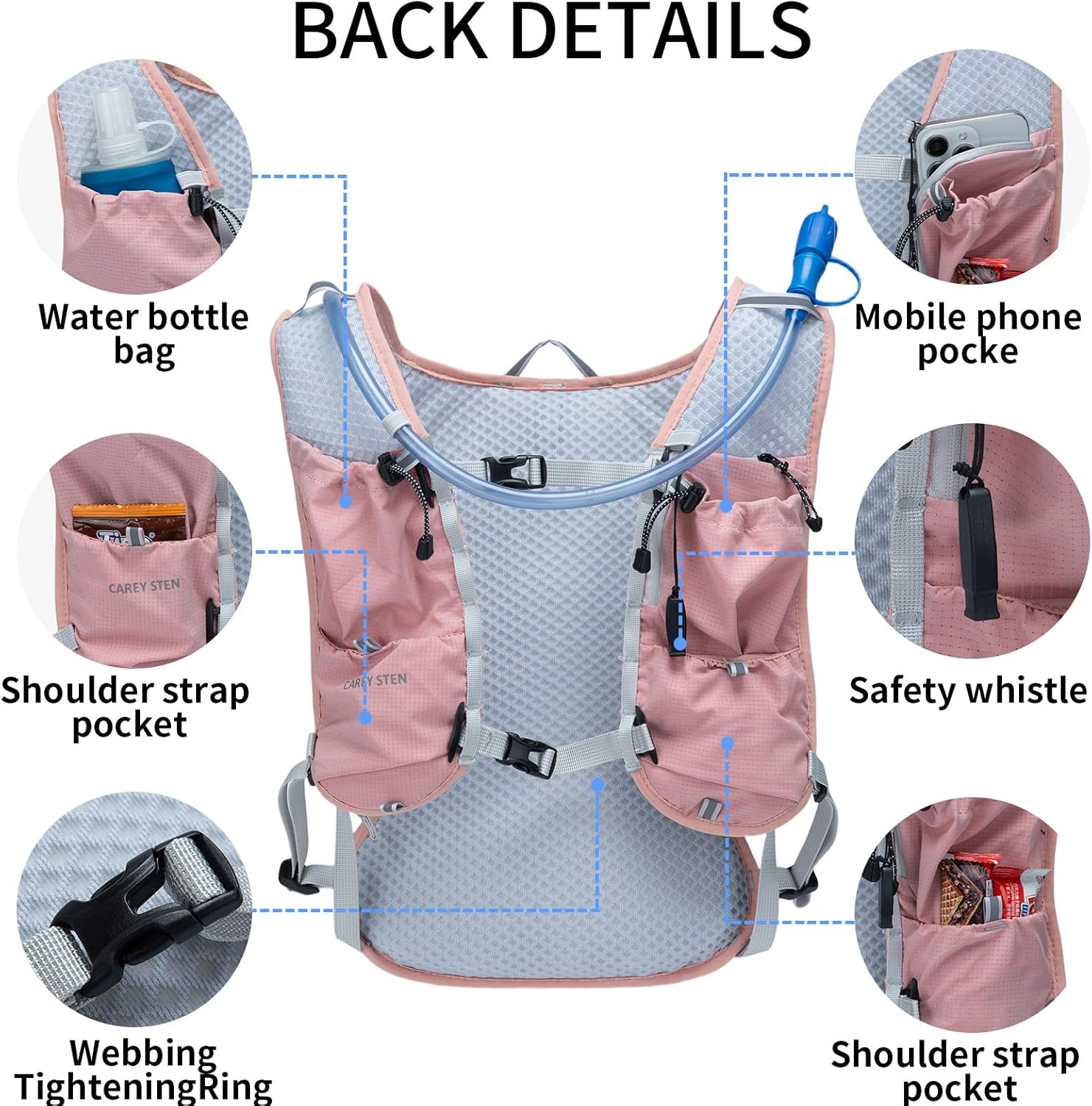 Carey Sten Lightweight Running Hydration Backpack, 1.5L Water Bag Running Vest for Marathon, Hiking & Cycling, Breathable Adjustable Design, Unisex