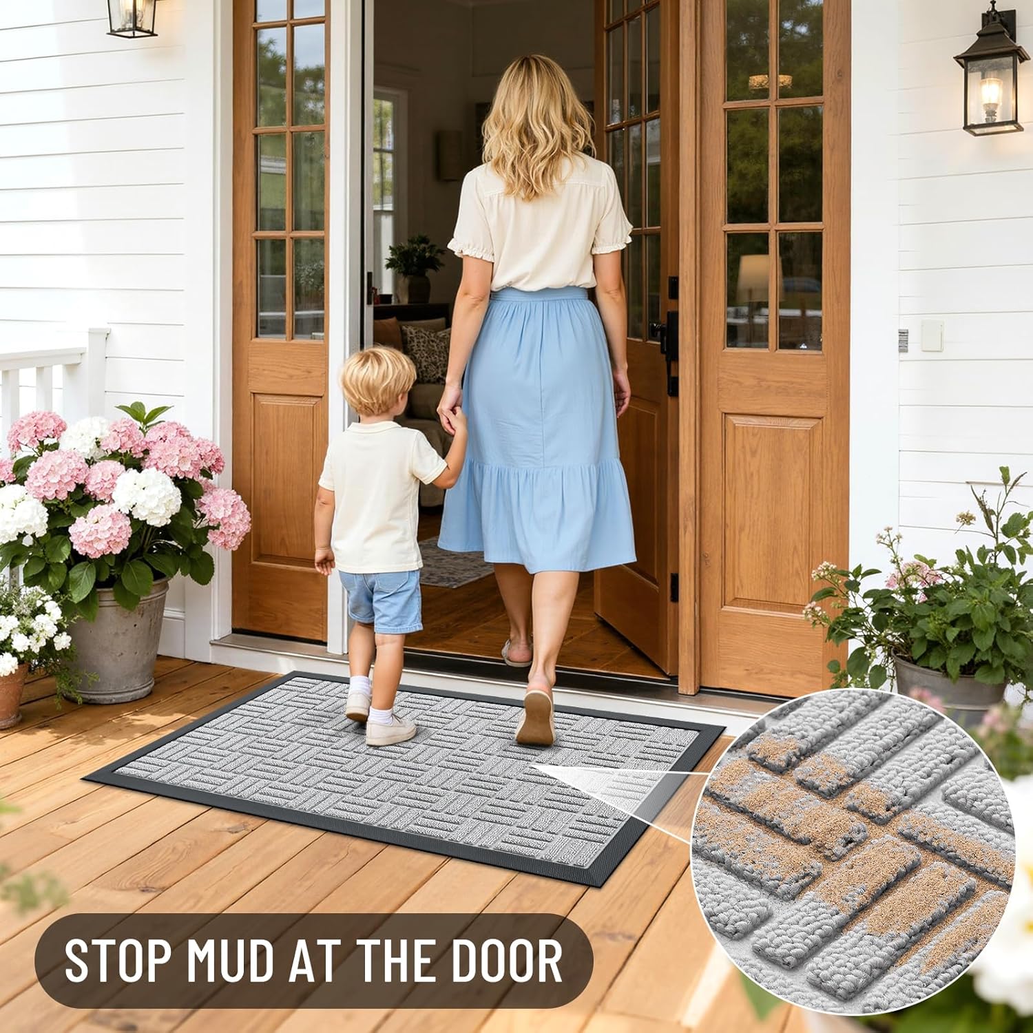 OLANLY Front Door Mat Outside Entrance 71x47, Absorbent, Heavy Duty Sturdy Natural Rubber Doormat Indoor Outdoor, Non-Slip, Stain and Fade Resistant, Low Profile Floor Mat for Entryway, Light Gray