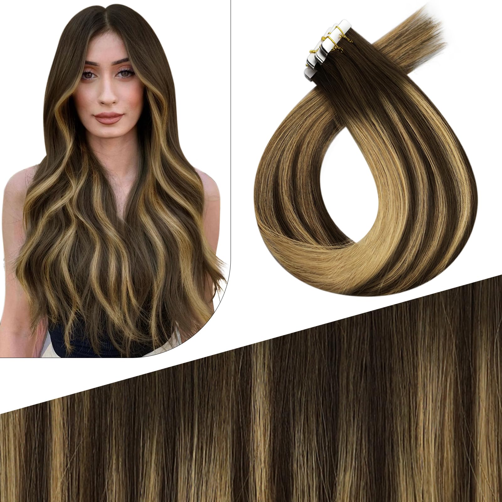 Fshine Virgin Extension per capelli veri, colore marrone scuro con biondo oro, 45 cm, 12,5 g, 5 pezzi, colore BM