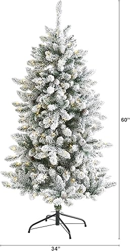 Miniatura 2 de Nearly Natural Árbol de Navidad artificial de abeto Livingston flocado de 5 pies con piñas y 200 luces LED cálidas y transparentes