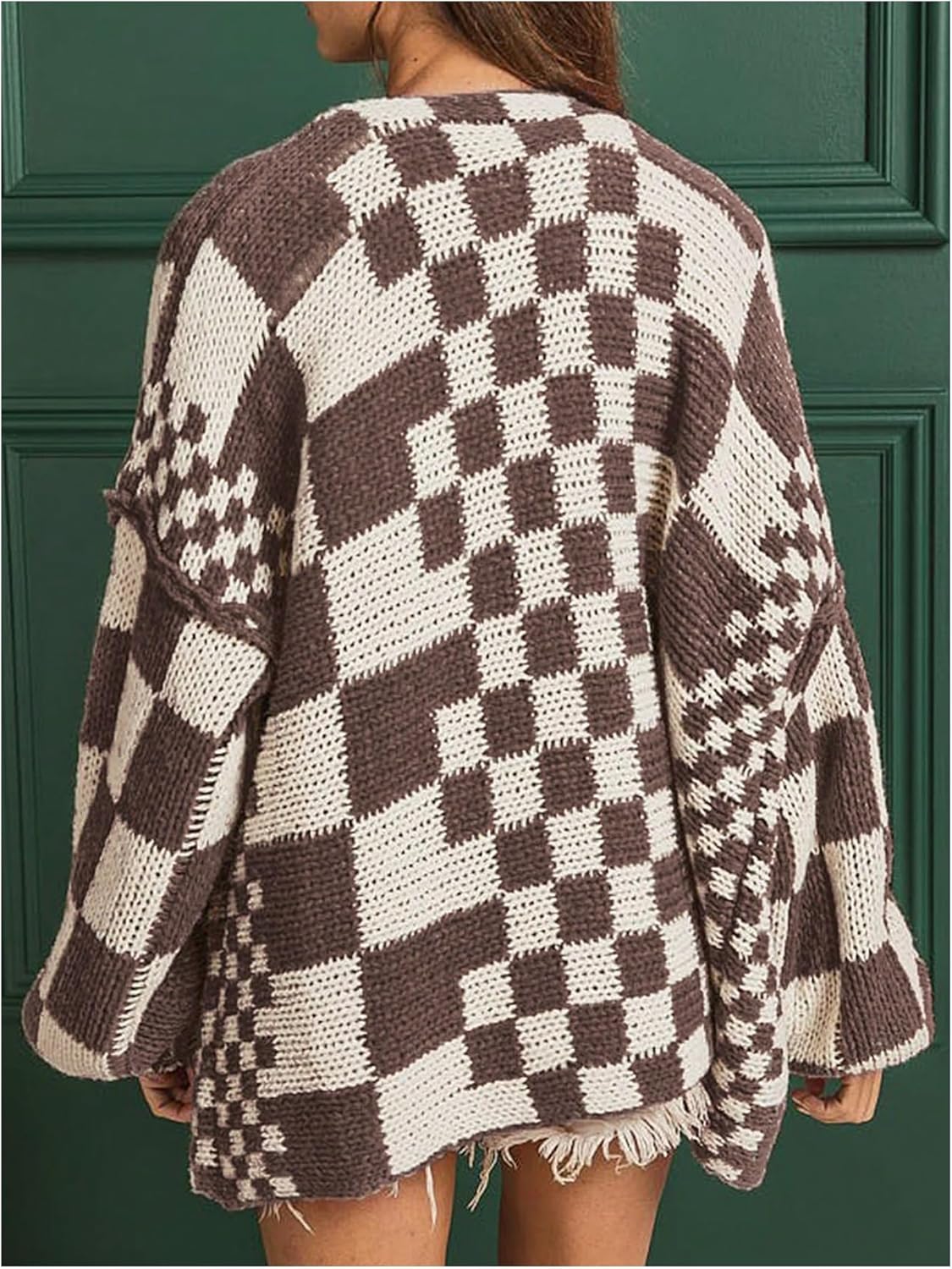 WDIRARA Women's Checkered Cardigan Sweaters Chunky Knit Open Front Long Sleeve Knit Outerwear - Image 3