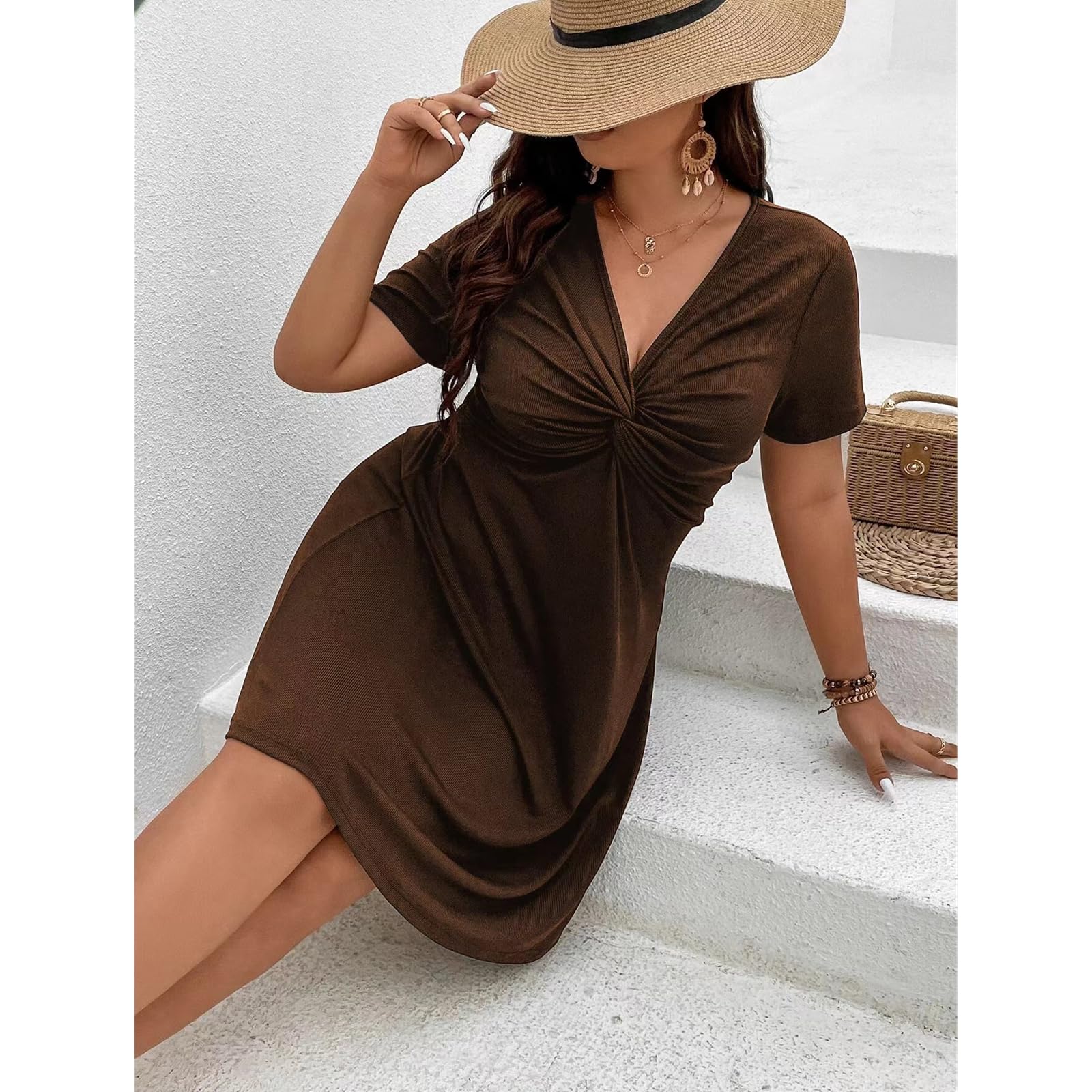 Vestidos de Camiseta de Cuello V de Manga Corta Casual de Gran Tamaño para Mujeres Vestidos de Mujer de Gran Tamaño en Verano, HUTALIM, Marrón oscuro, XL