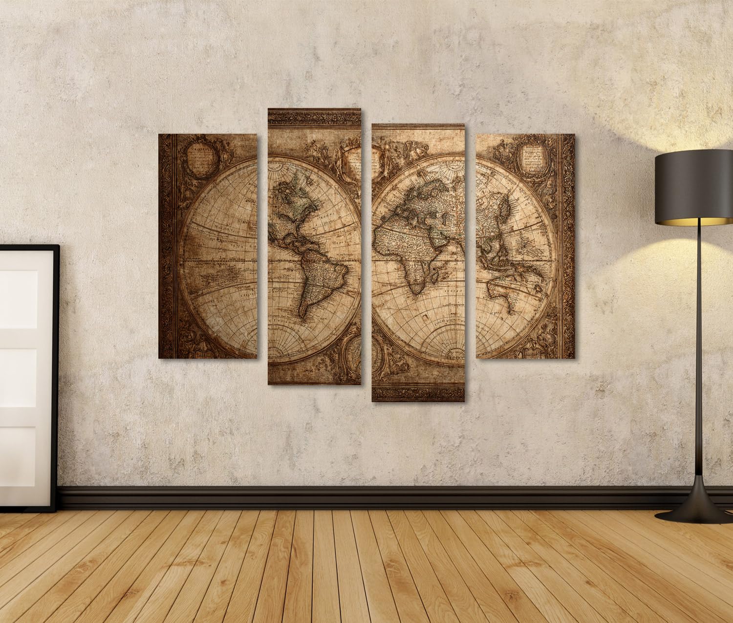 islandburner Quadro su tela vintage mappa del mondo su pergamena in stile antico, 4 pezzi