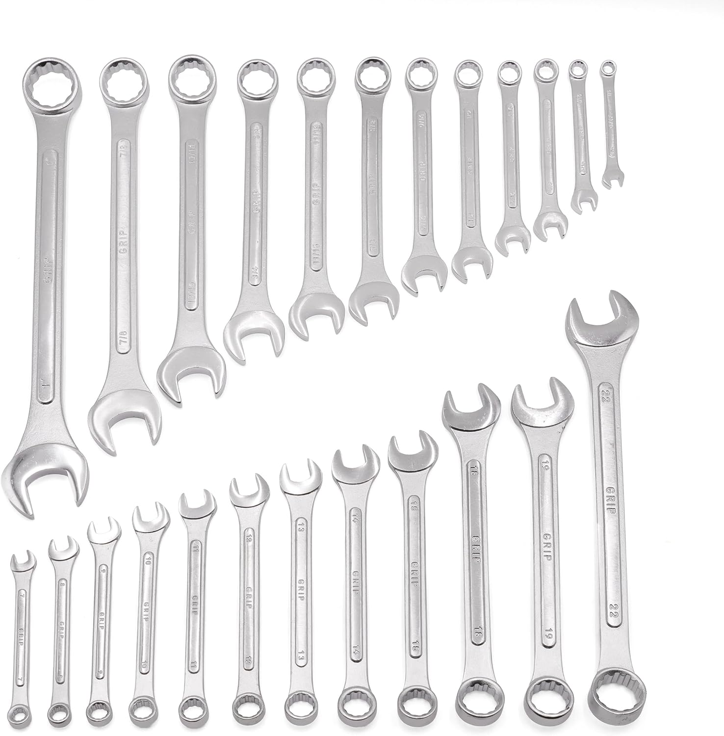 Grip 24 pc Raised Panel Combination Wrench Set MM/SAE - 12 point - Metric 7mm to 22mm - SAE 1/4” to 1" - Roll-up Storage Pouch - Household, Garage, Auto Repairs, Cars, Trucks, Boat