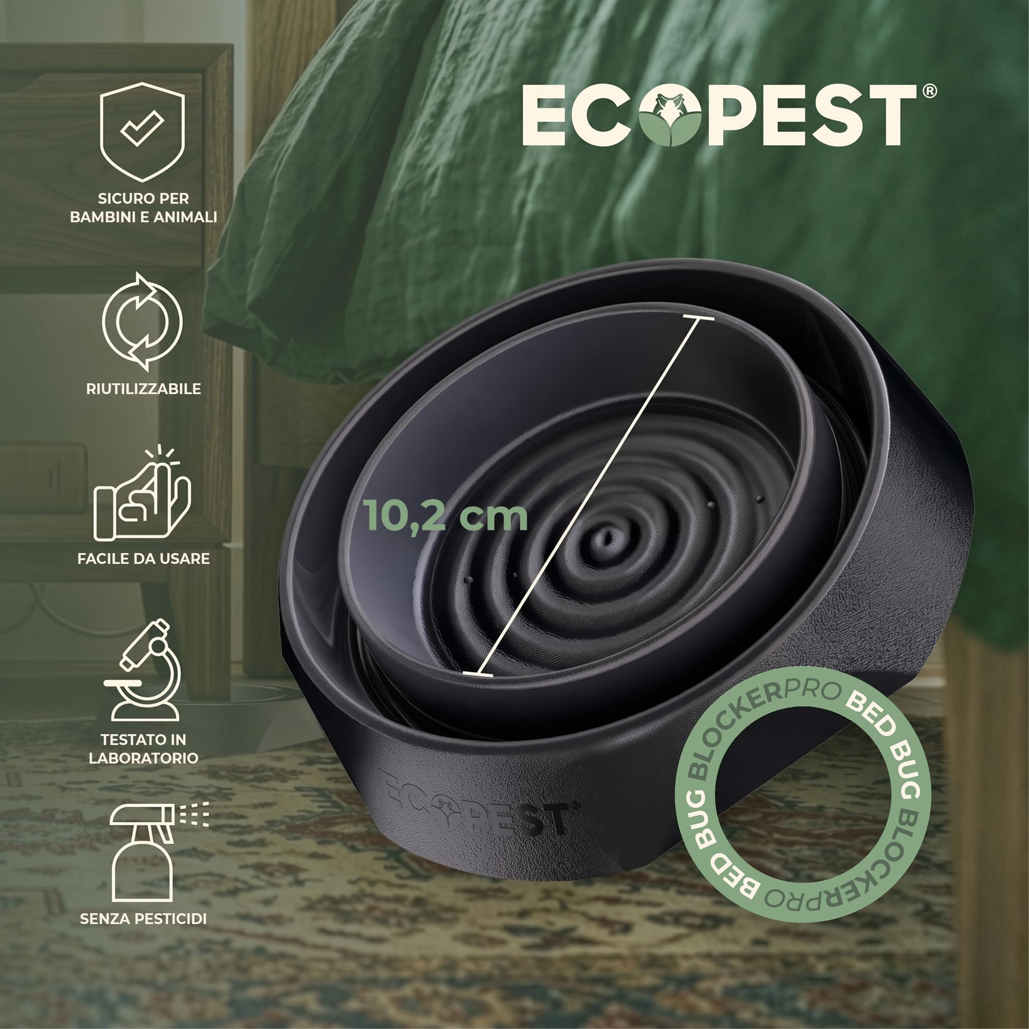 ECOPEST Trappole per Cimici dei Letti – Confezione da 8 | Trappole Intercettatori Bed Bug Blocker (PRO) (Nera) | Monitor, Rilevatore e Trappola per Le Gambe del Letto