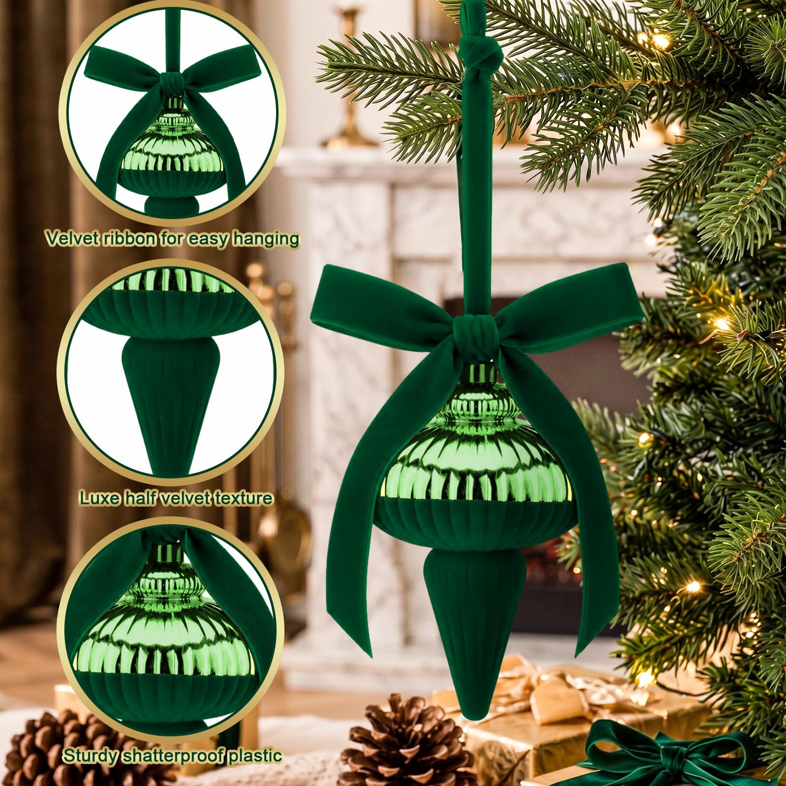 Hungdao Kit de 9 boules de Noël en velours à moitié floqué – Décorations de sapin de Noël en plastique incassable – Boules de Noël brillantes à suspendre avec nœud décoratif pour sapin de Noël (vert)