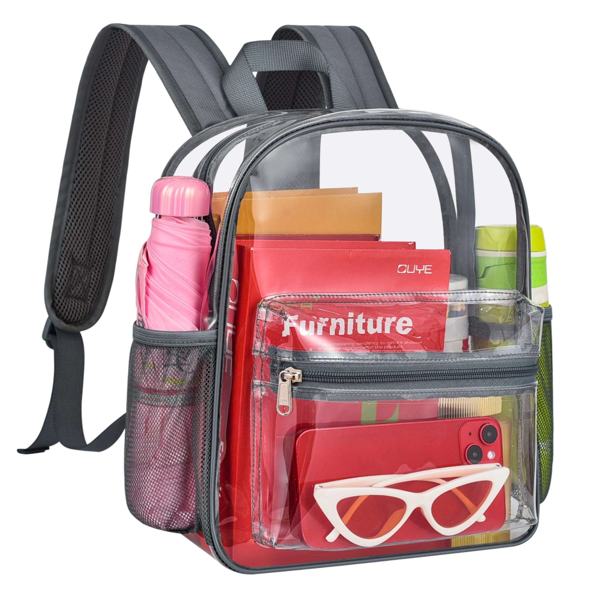 MAY TREE Clear Backpack for Stadium Events, 12x11x5 Inches Small Clear Backpack for Concert Festival Sports Outdoor - Grey