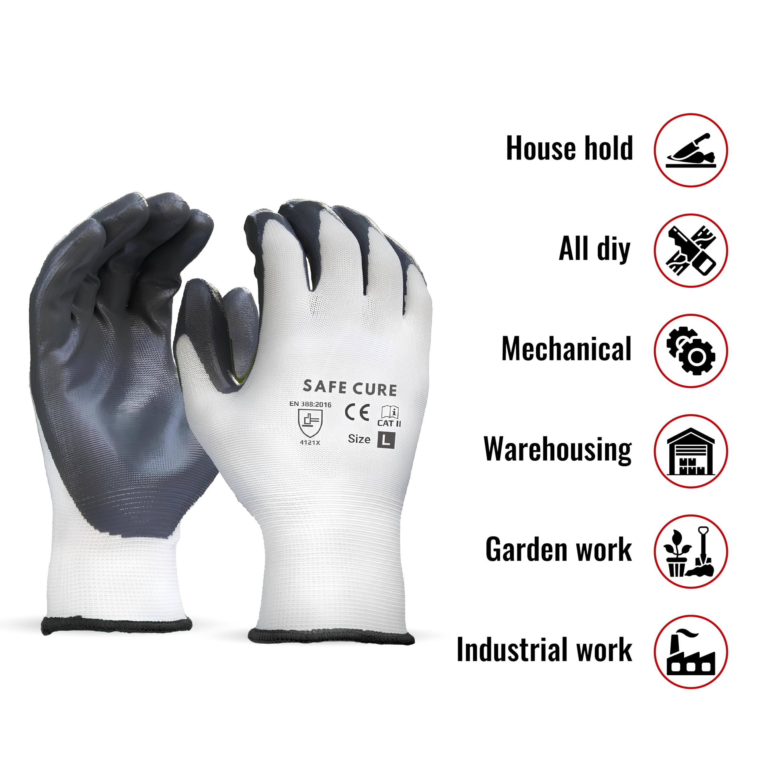 Safe Cure Nitrile Safety Gloves for Men β Pack of 10 Pairs | Industrial, Construction, Gardening, Farming, Glass & Metal Handling | Cut Resistant Nylon Hand Gloves β White