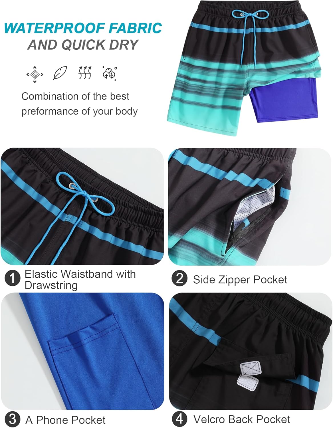 SILKWORLD Mens Swim Trunks Quick Dry Compression Liner 2 in 1 Shorts Men Swimsuit - Image 5
