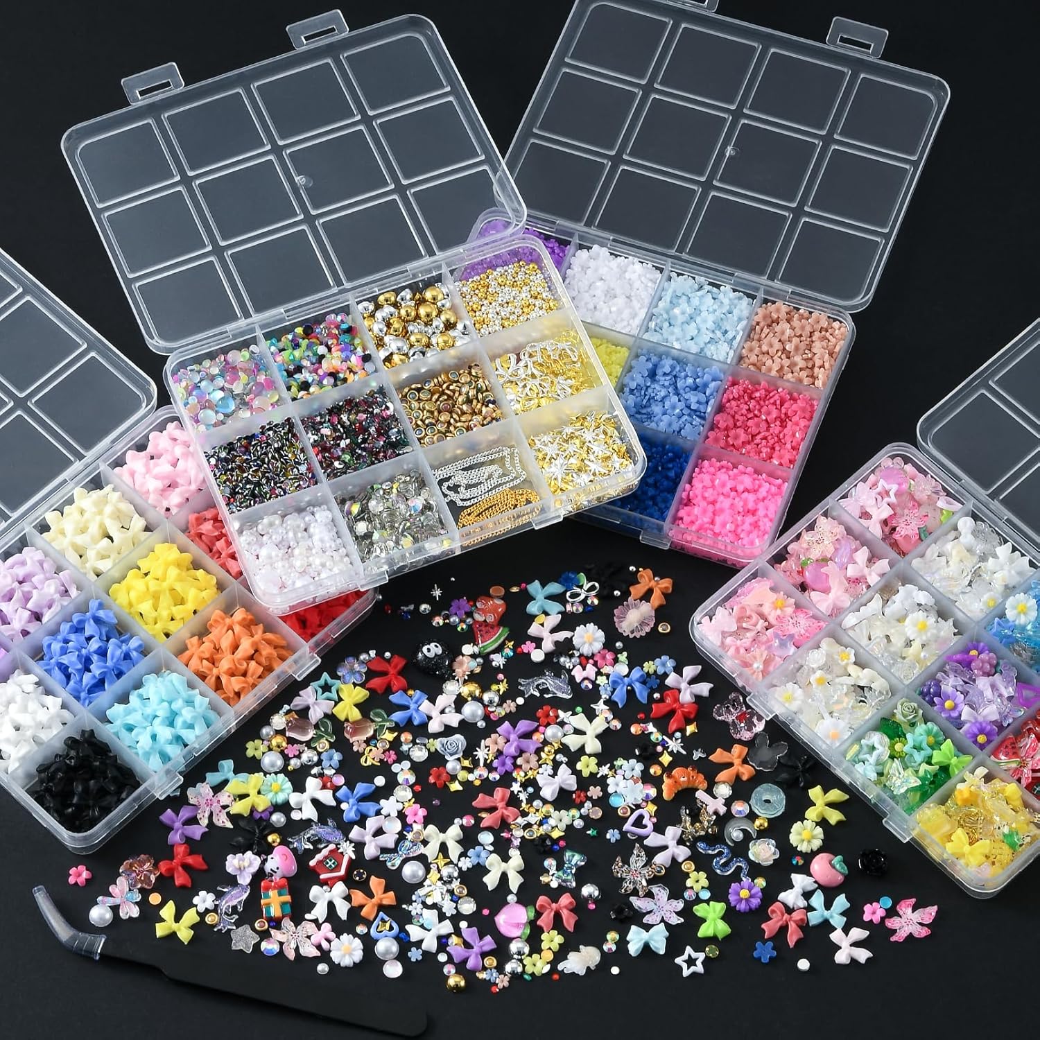 12000 Pcs 3D Nail Charms and Gems Bulk Y2k 150 Styles Cute Charms for Nails Design Kit Colorful Flower Bow Star Rhinestones Caviar Beads Bubble