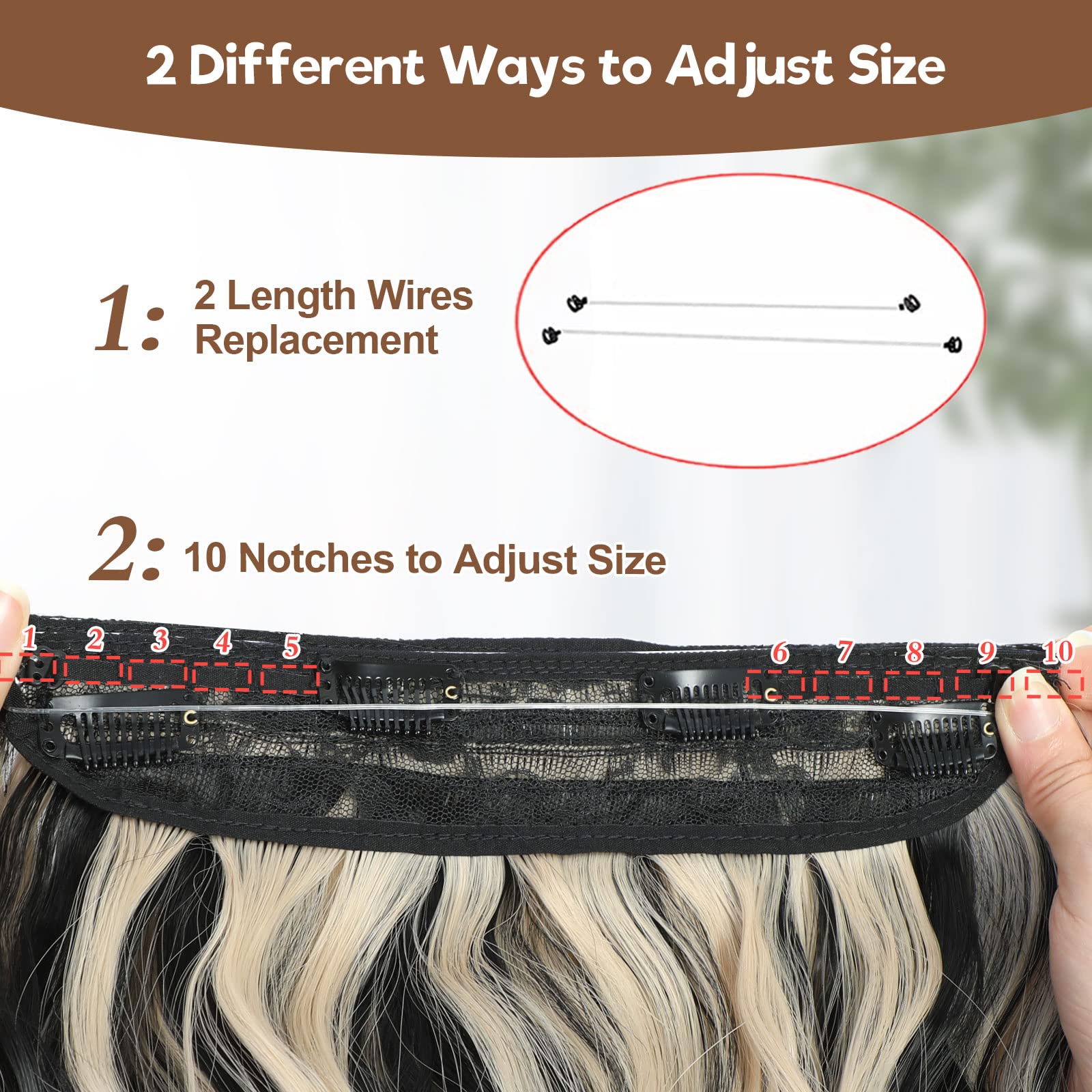 BUPPLER Halo Hair Extensions 20 Inch Invisible Wire Hair Extensions Adjustable Long Wavy Hairpiece Synthetic Upgrade 4 Secure Clips in Hairpieces 20 Inch,Jet Black Mix Ash Blonde - Image 4