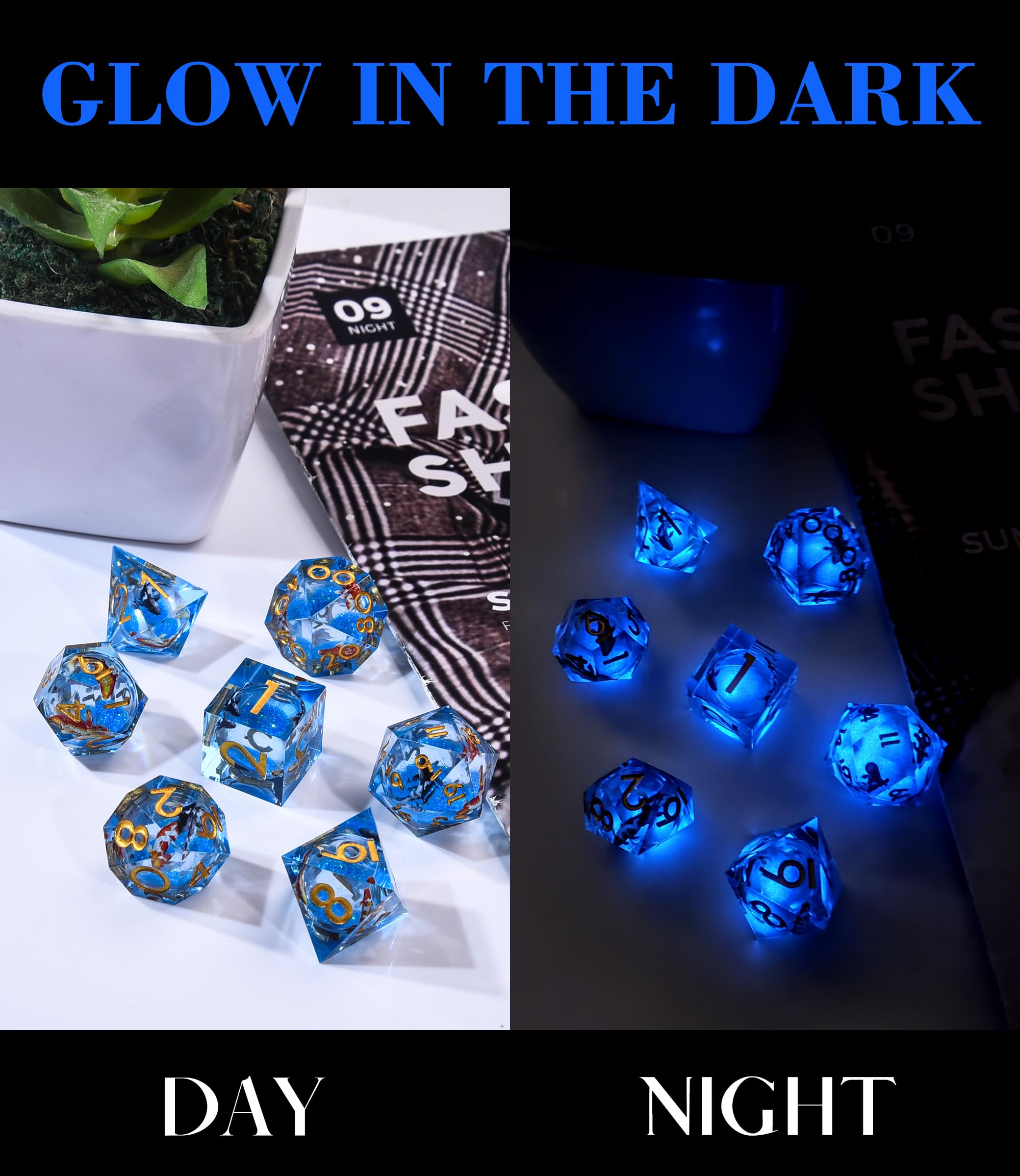 SIQUK 7 Piezas Juego Dados Poliedricos Con Nucleo Liquido Luminosos Dice DND Koi Fish D4 D6 D8 D10 D12 D20 D% para RPG MTG Dungeons and Dragons