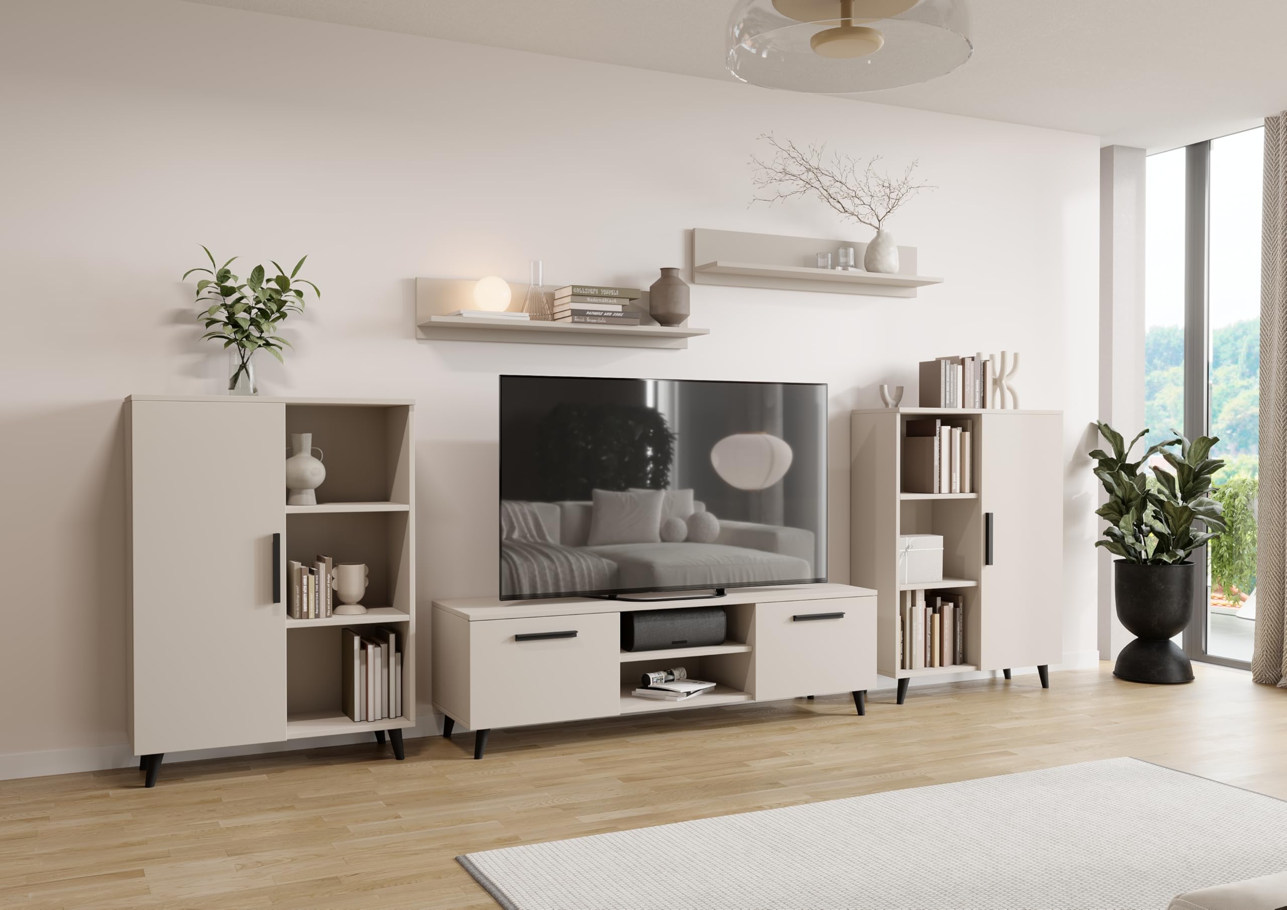 MATKAM Wohnzimmermöbel-Set Oslo 2, 4-teilig, 1 x TV-Kommode H47x B150 x T40 cm, 2 x Wohnzimmerkommode H112 x B80 x T30cm, 2 x Hängeregale H20 x B100 x T20 cm (Kaschmir)