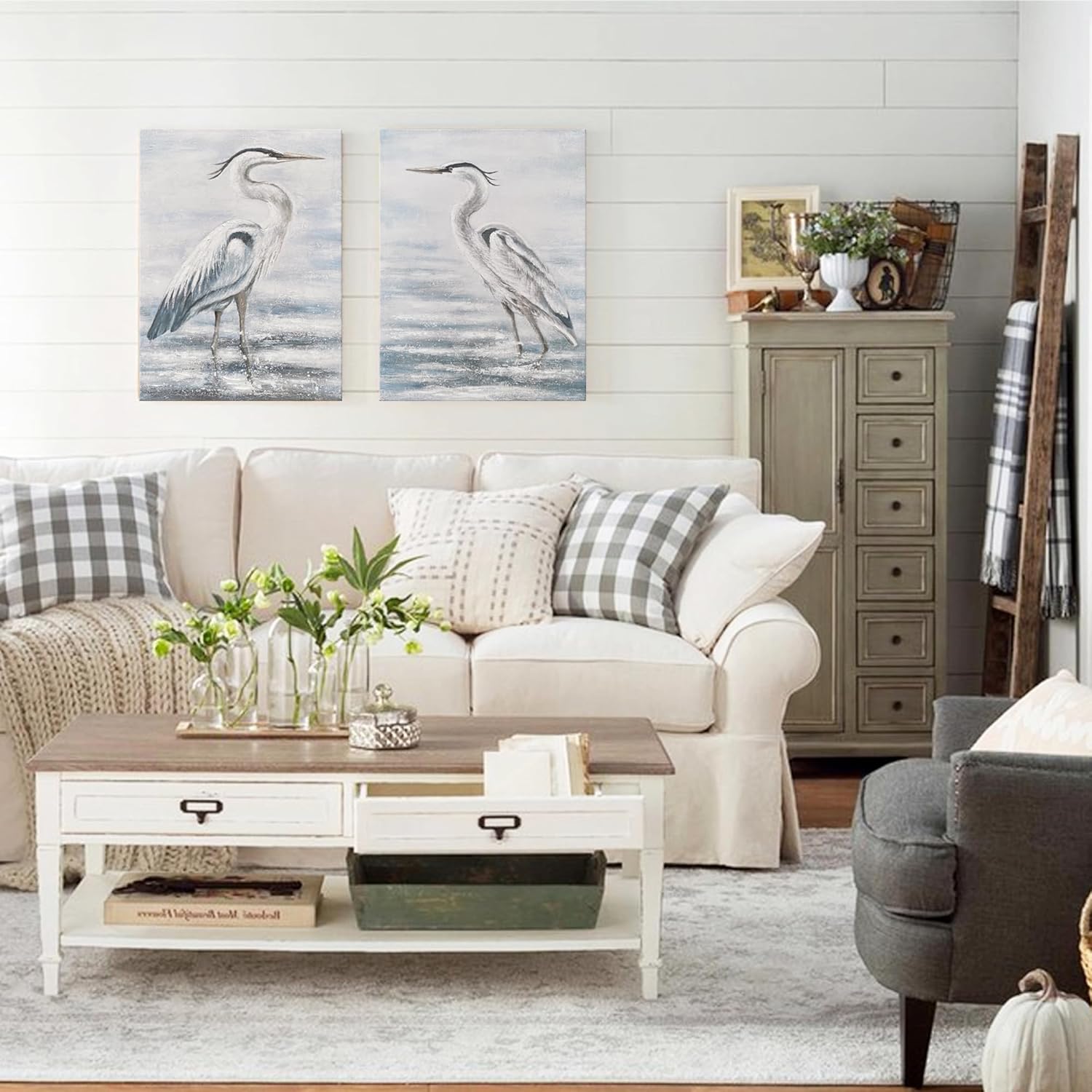 Egret Wall Art Blue Grey and White Sea Bird Canvas Painting Heron Wild Animal Artwork Picture for Living Room LSMDL-001 28x20