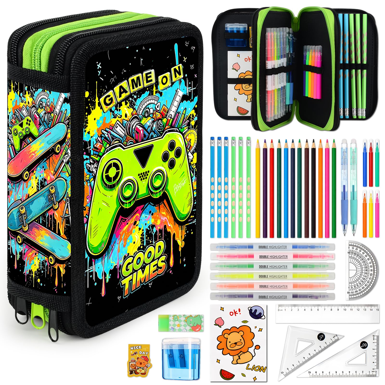 41 Artikel Federmappe Jungen, Federmäppchen 3 Fach Jungen Mäppchen Gefüllt Spiel Set, Federtasche 3 Fächer Einschulung Geschenke für Kinder Schüler mit Radierbaren Stiften, Textmarker, Buntstiften