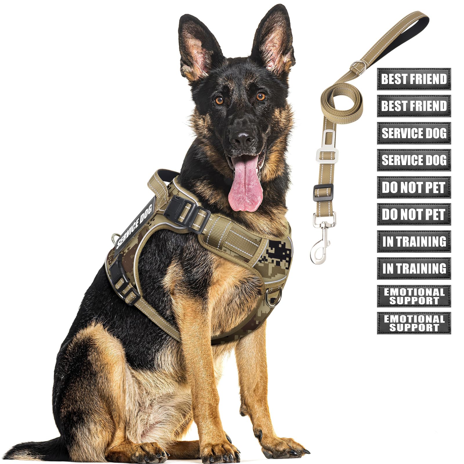 MOOGROU Tactical Dog Harness and Leash Set for Large Dogs,Heavy Duty No Pull Service Dog Vest and 10 Patches with Dog Seat Belt,Reflective Adjustable