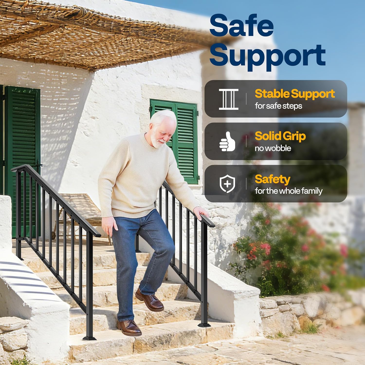 vivohome 2-pack 5 step galvanized steel hand rails for outdoor steps – black oval and safety balusters exterior railing for porch, deck, or indoor stairs, complete installation kit 5 step straight-oval with balusters