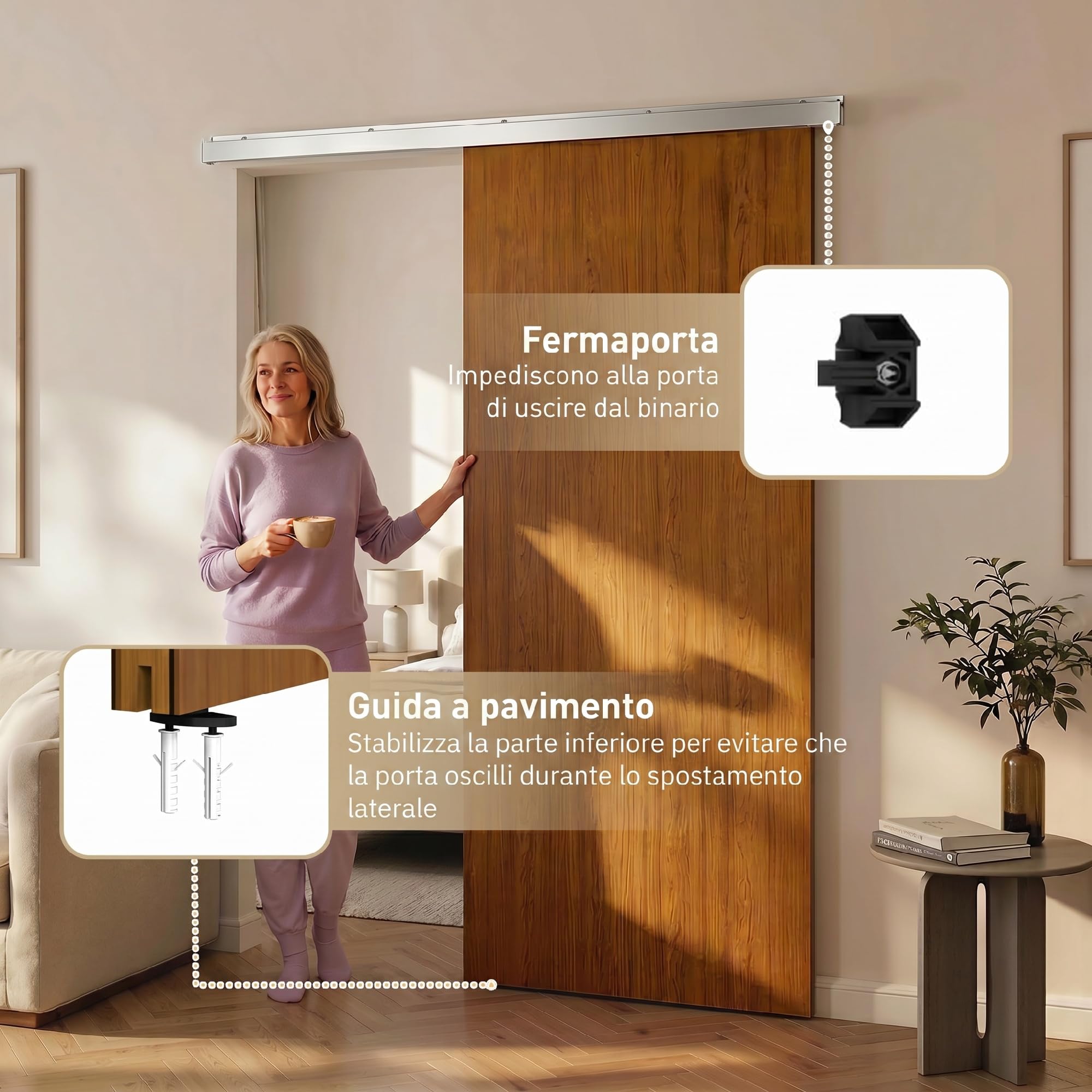 HOMCOM Puerta Corredera con Herrajes 90x210 cm, Puerta Corredera Interior con Rodillo, Riel de Aluminio, Guía de Suelo, para Baño, Salón, Sala de Estar, Marrón