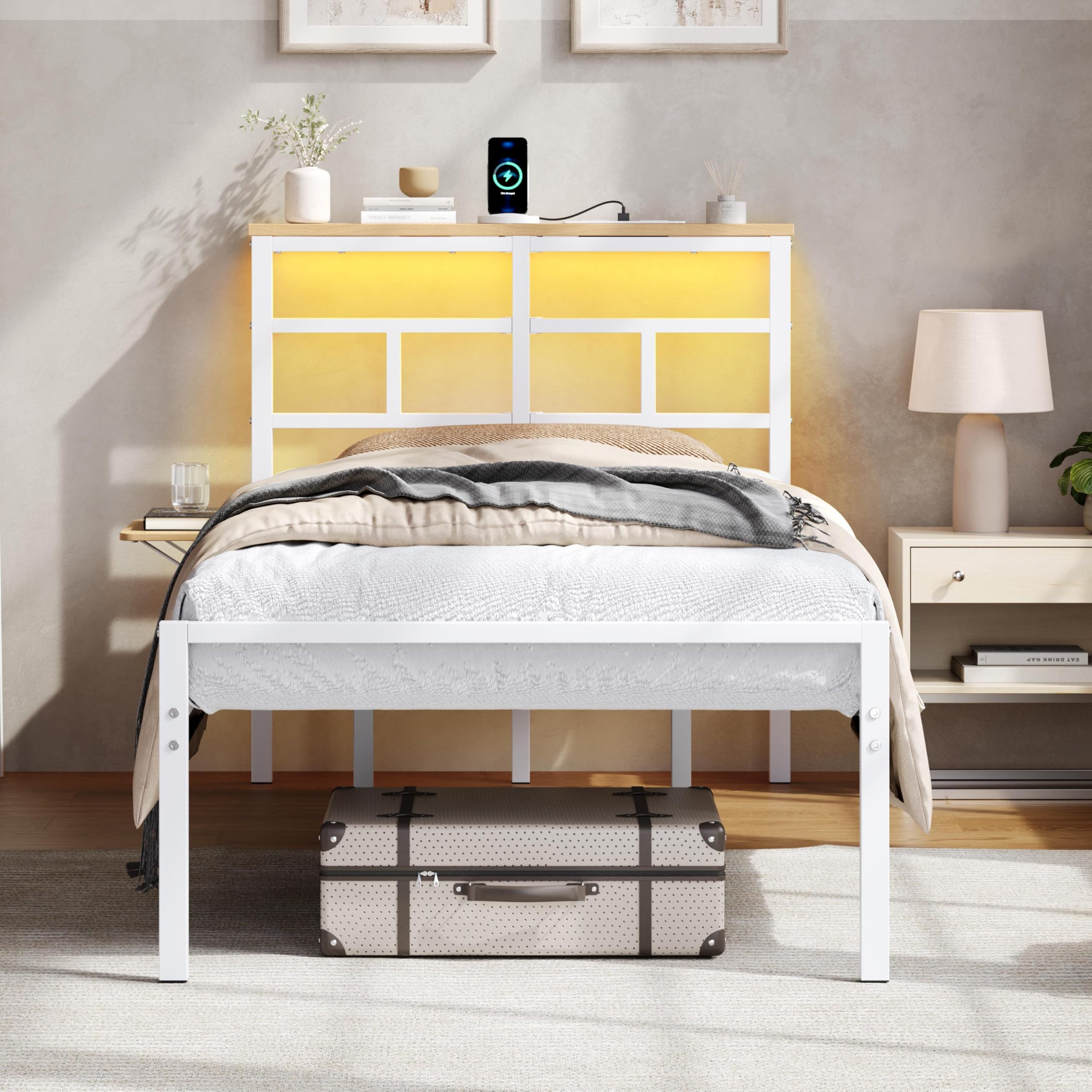 Yaheetech Single Metal Bed Frame with LED Lights, 90 x 190 cm Bed Frame with Charging Station, Wooden Storage Headboard, Easy Assembly, White